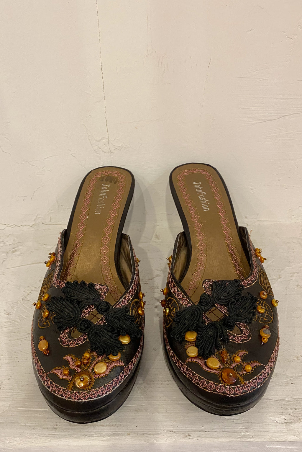 Beaded Chinoiserie Slip On Mules