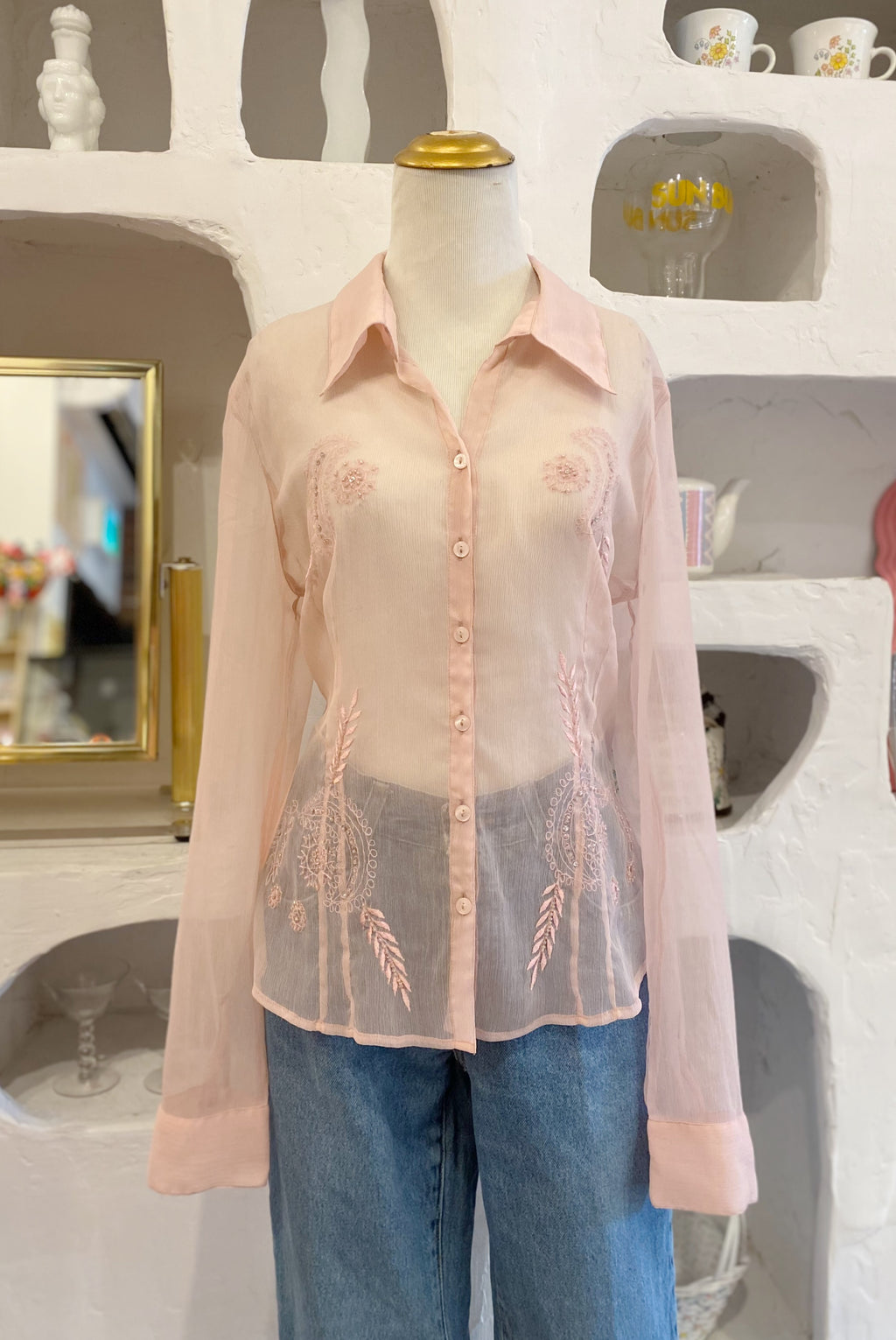 Sheer Pink Embroidered Beaded Blouse