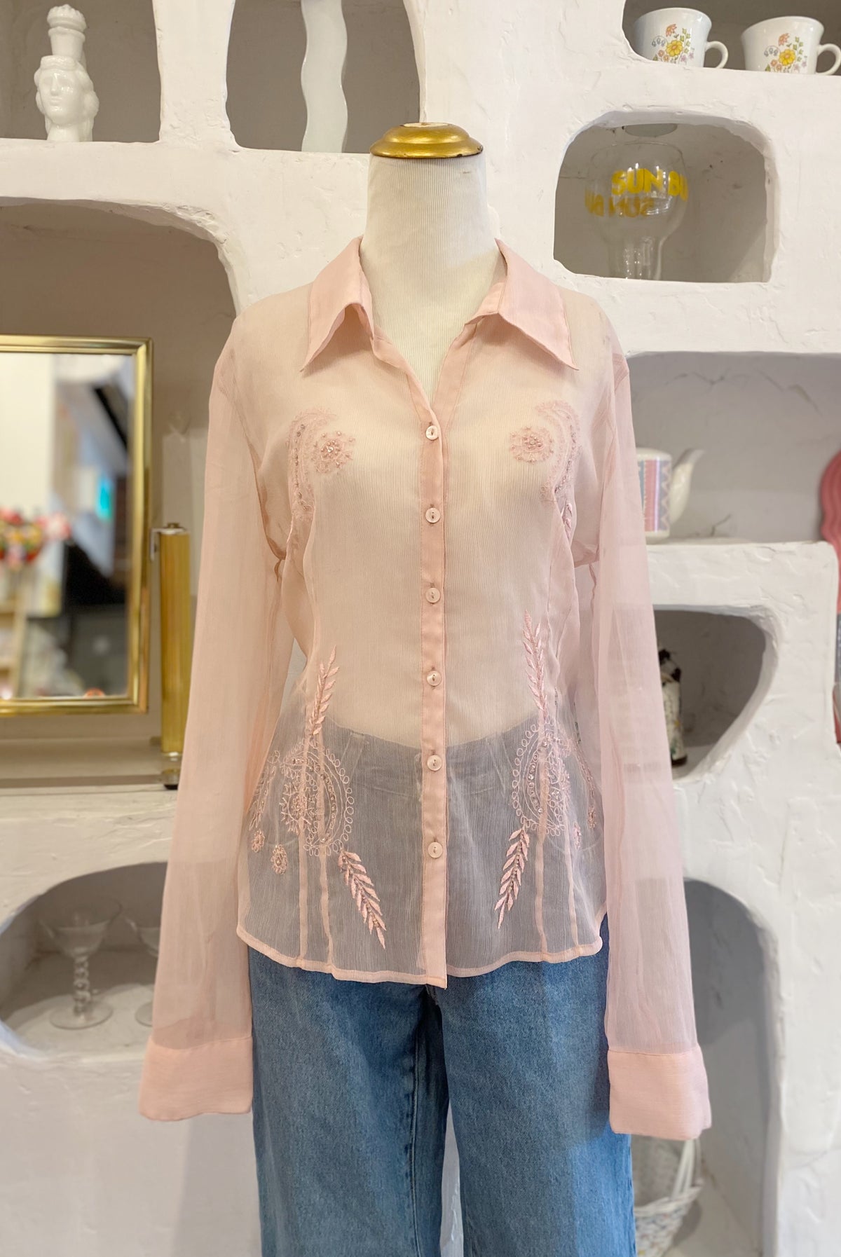 Sheer Pink Embroidered Beaded Blouse