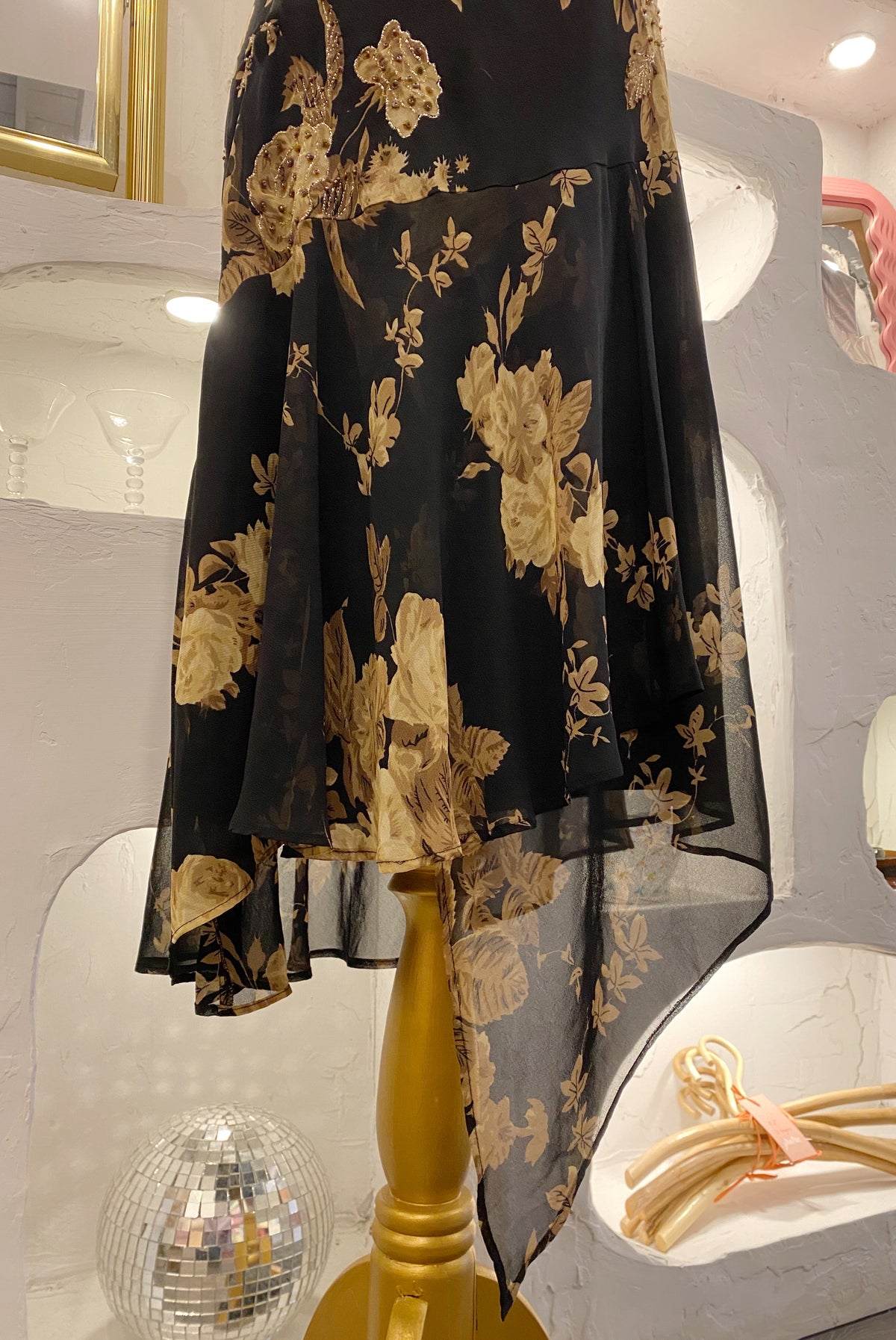 Beaded Floral Mesh Dress with Asymmetrical Hem