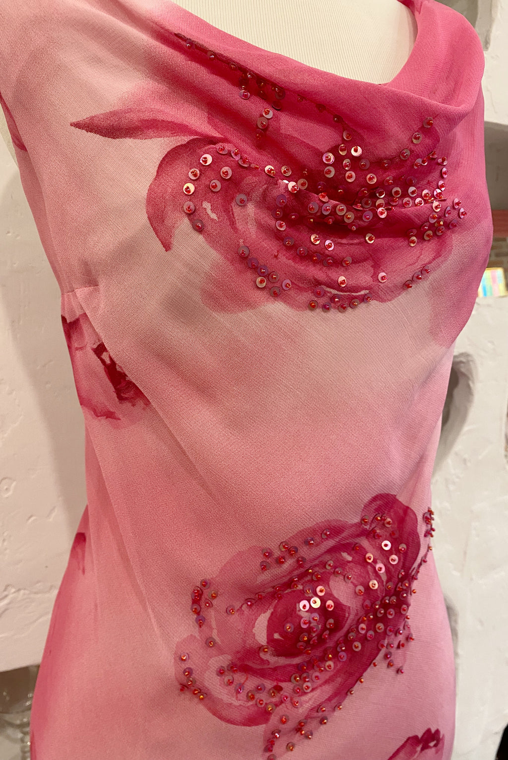 Pink Floral Asymmetrical Beaded Dress