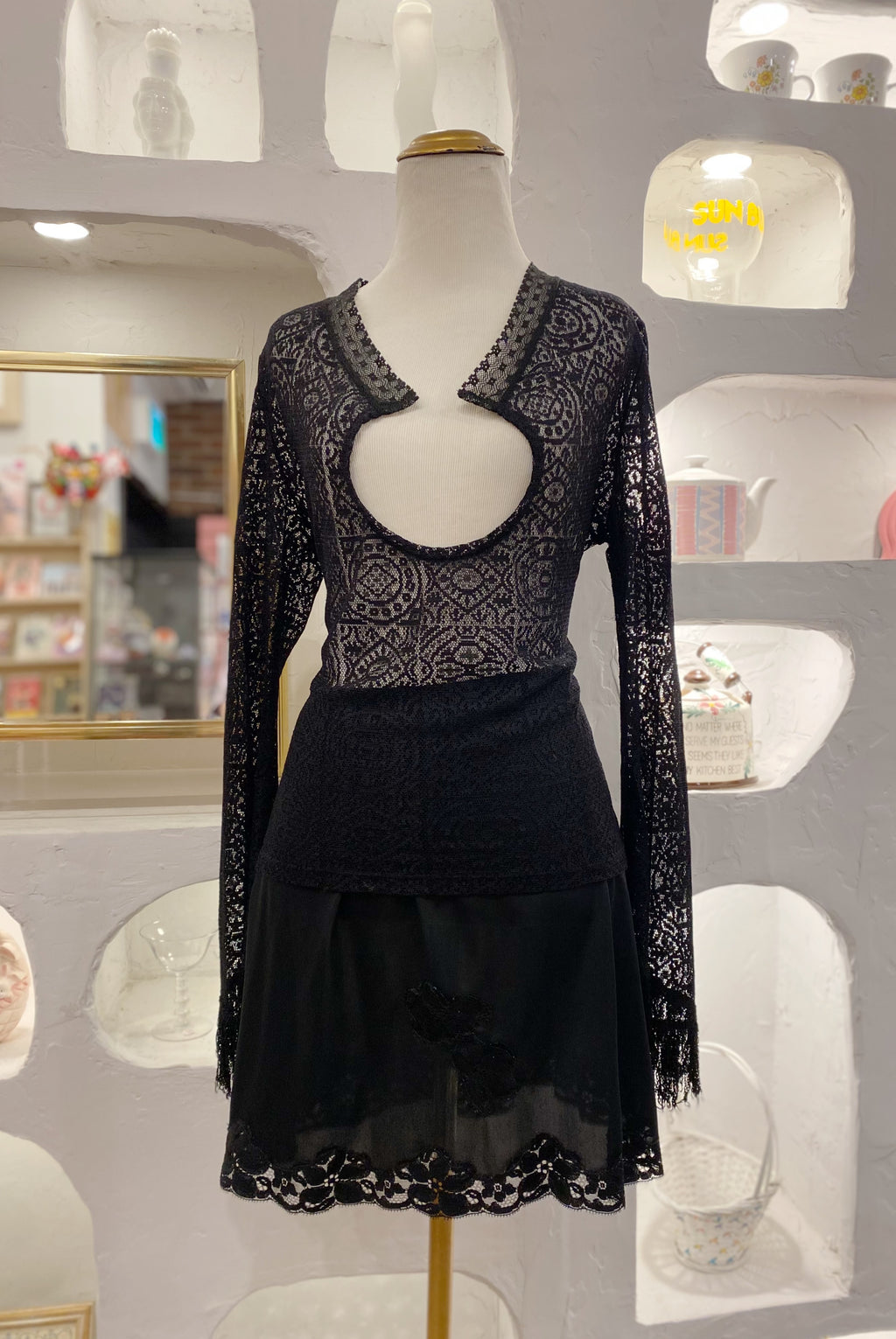 Black Lace Top with Fringe Sleeves