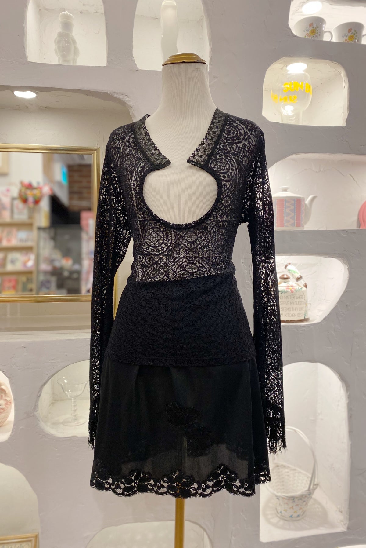 Black Lace Top with Fringe Sleeves