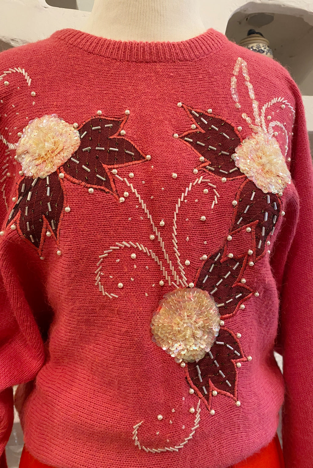 80s Sequin Embellished Magenta Sweater