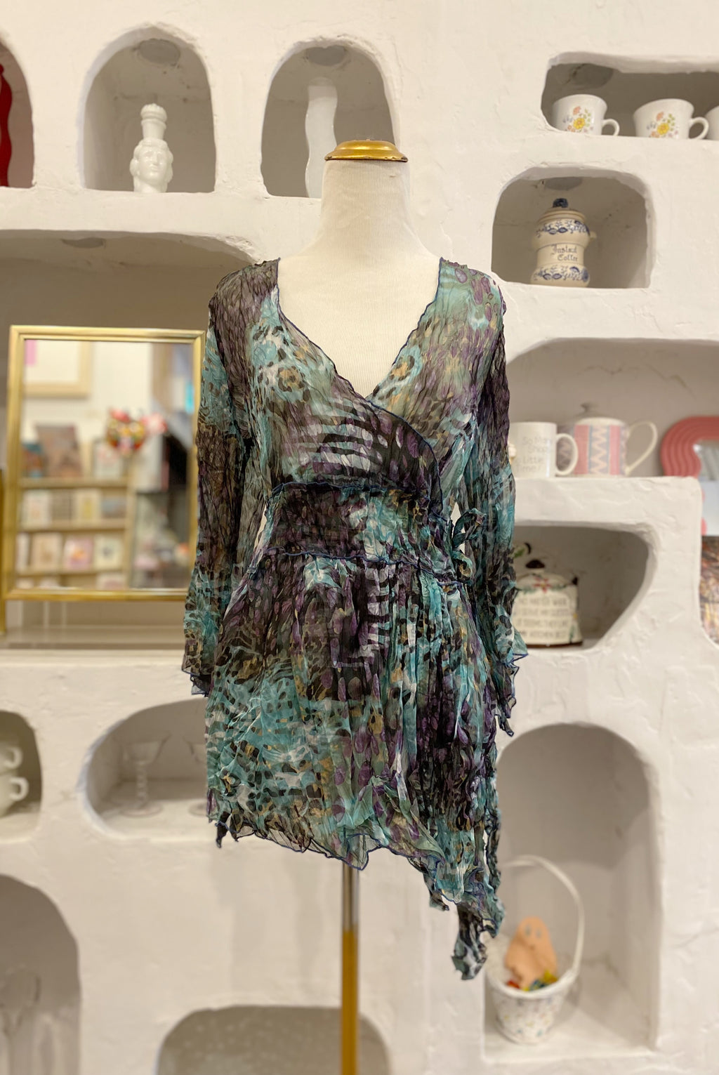 Asymmetrical Mesh Blouse with Ties