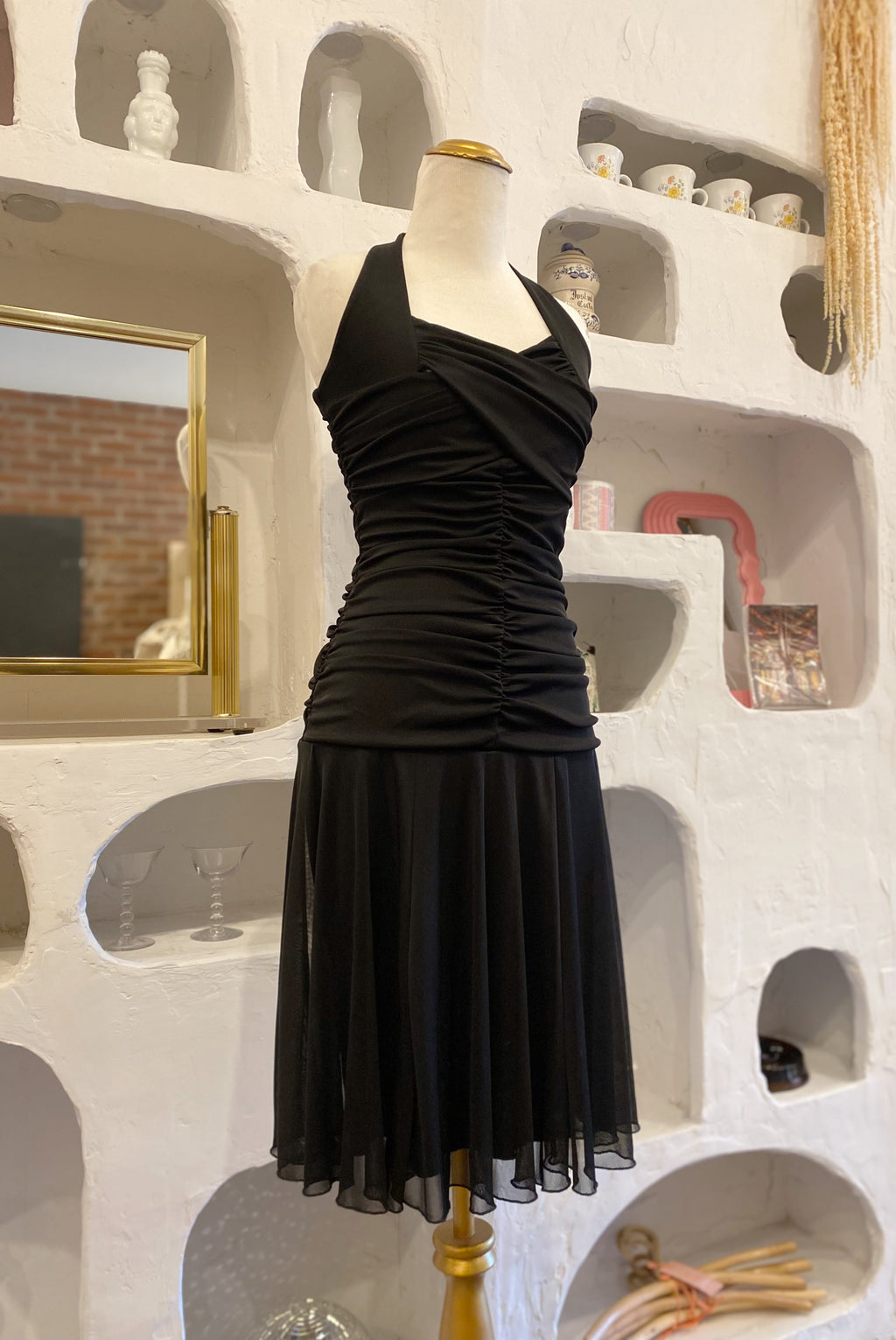 Y2K Black Mesh Ruched Halter Dress