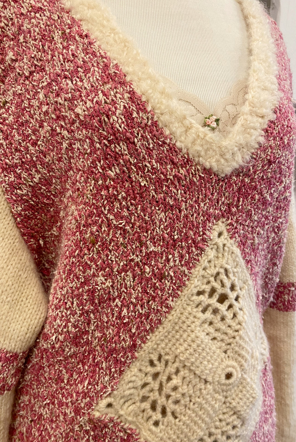Hand Knit Raspberry & Cream Sweater