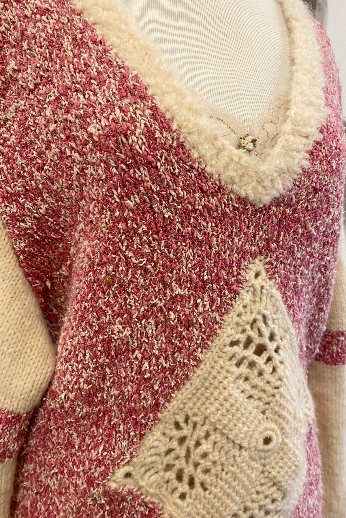 Hand Knit Raspberry & Cream Sweater