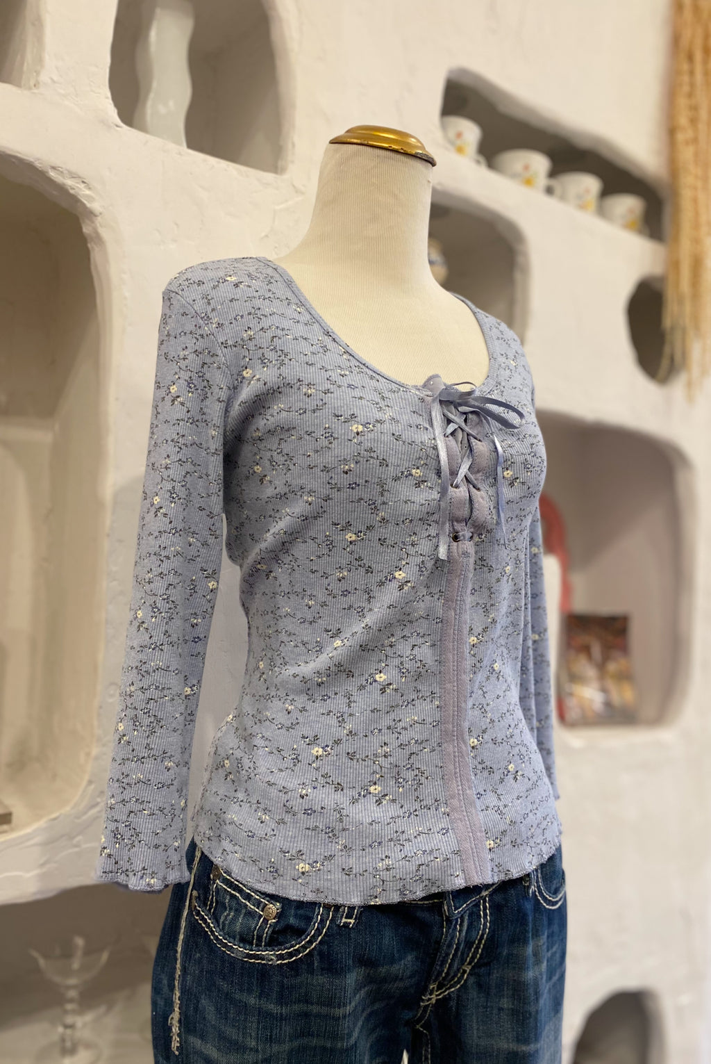 Y2K Floral Ribbed Lace Up Shirt