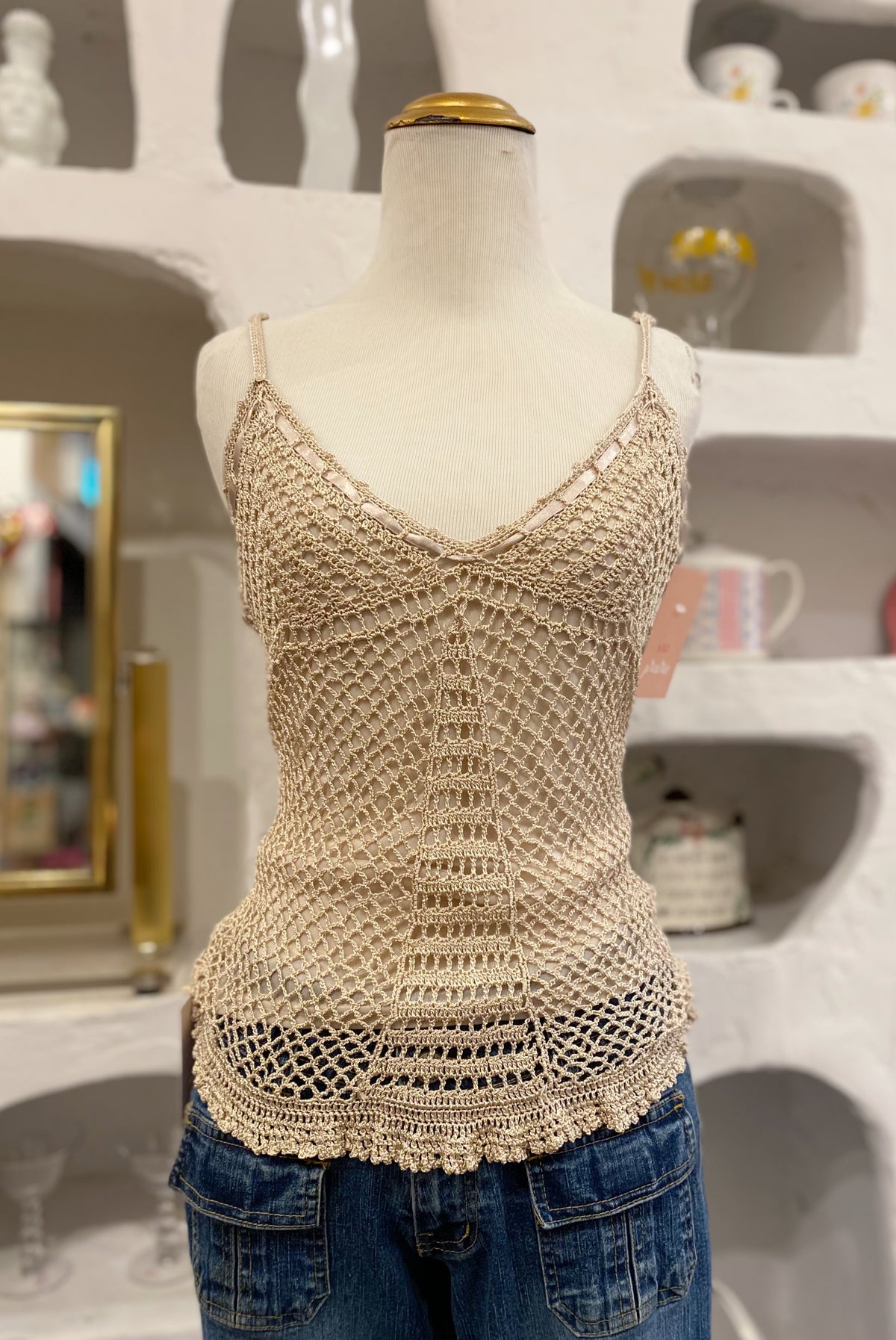 Y2K Beige Lined Crochet Tank Top