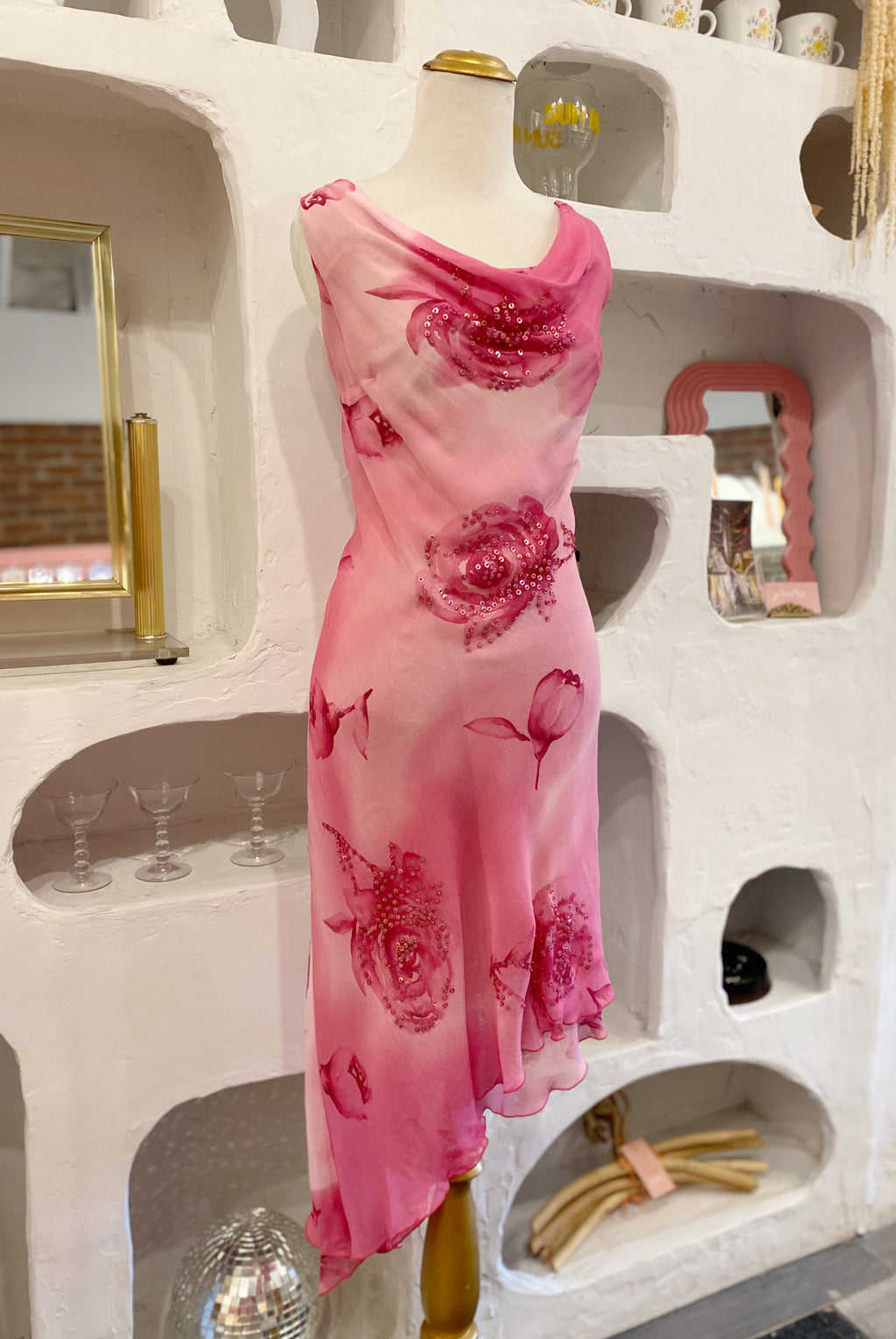 Pink Floral Asymmetrical Beaded Dress