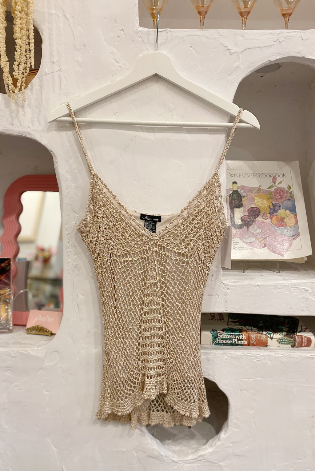 Y2K Beige Lined Crochet Tank Top