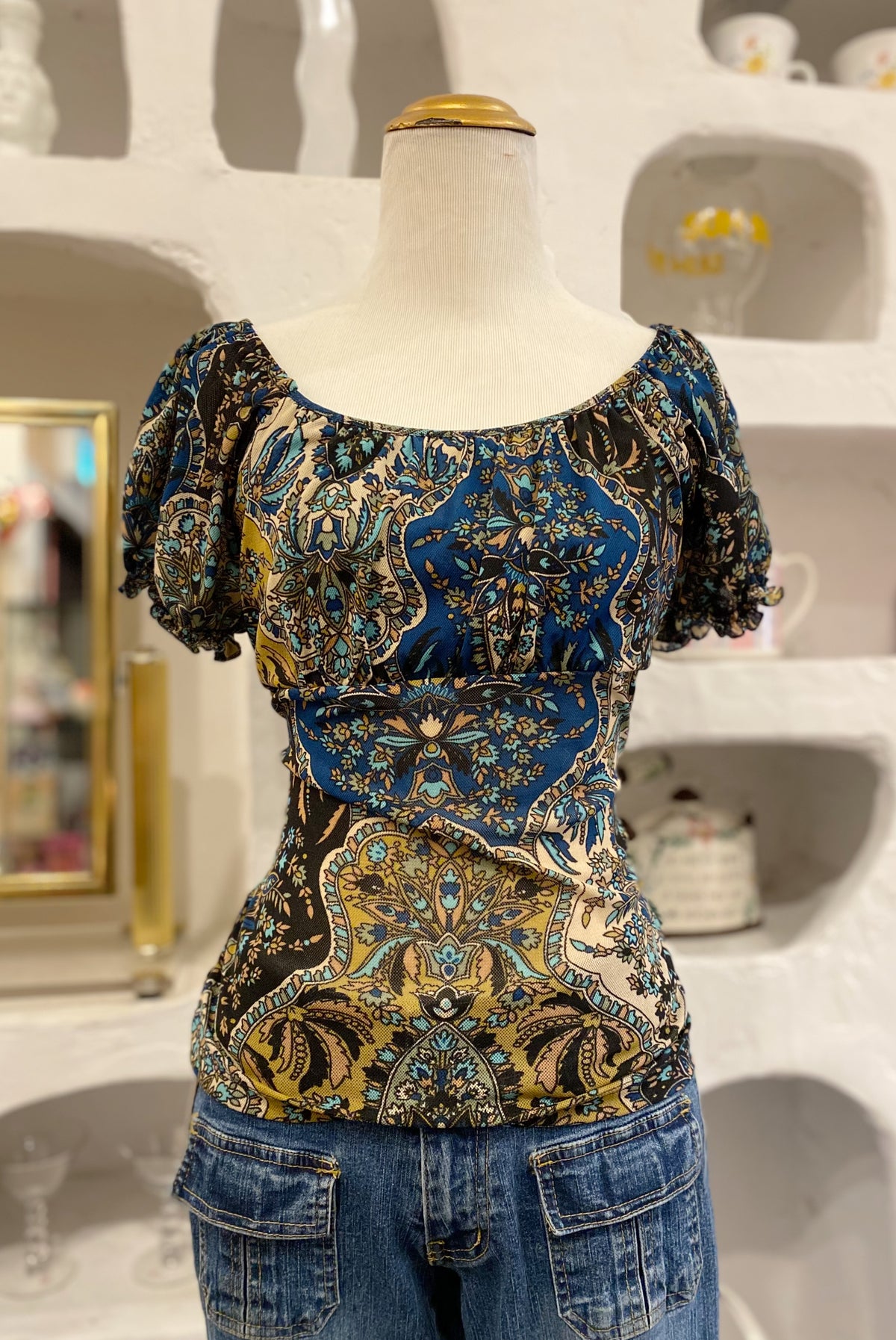 Paisley Mesh Off-The-Shoulder Tee
