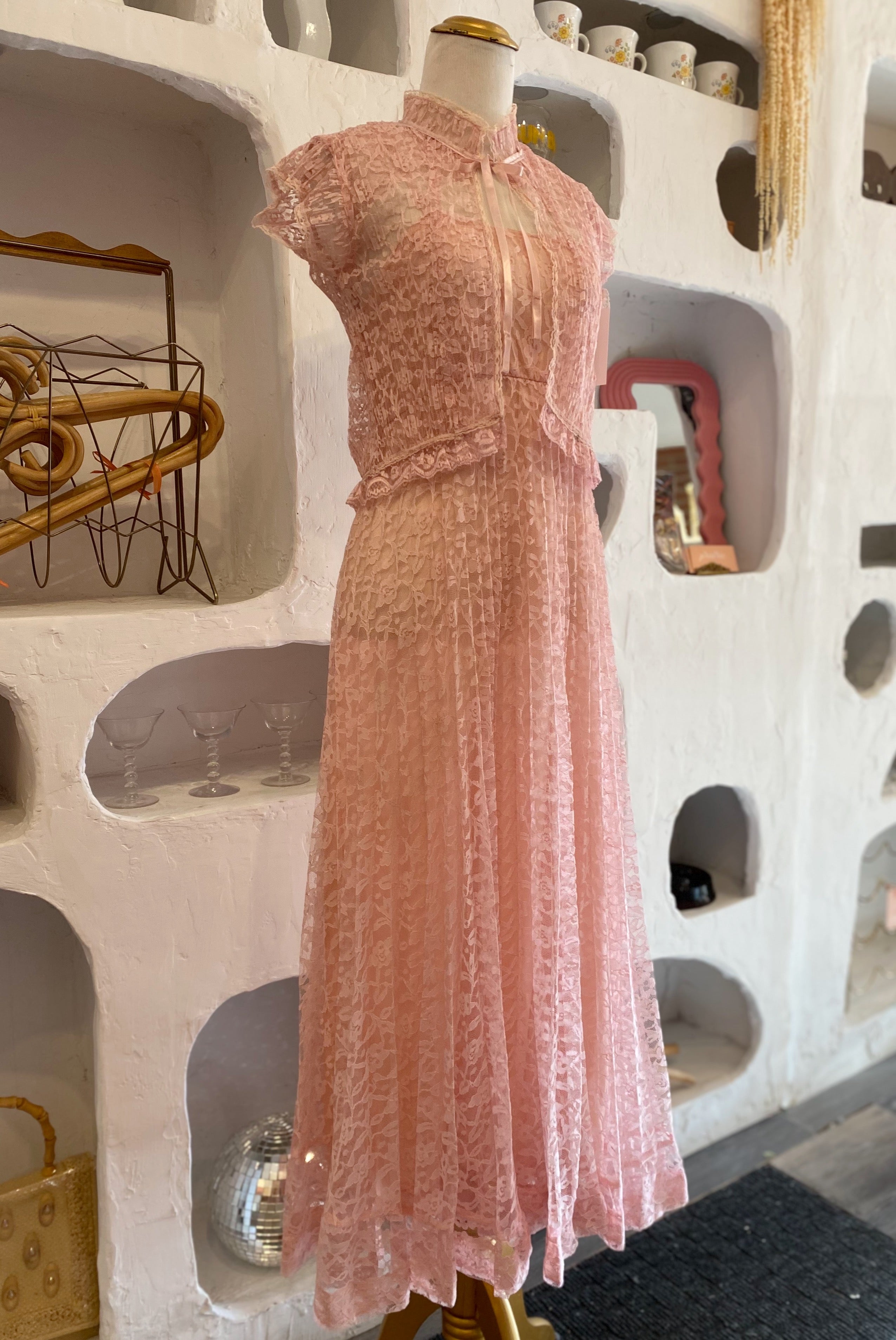 70s Pink Lace Maxi Dress + Cropped Jacket Set