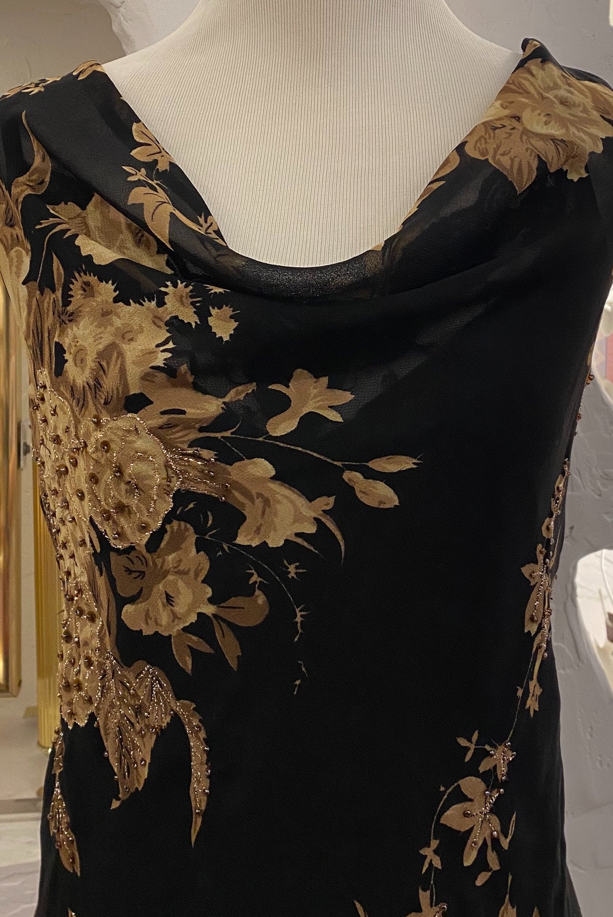 Beaded Floral Mesh Dress with Asymmetrical Hem