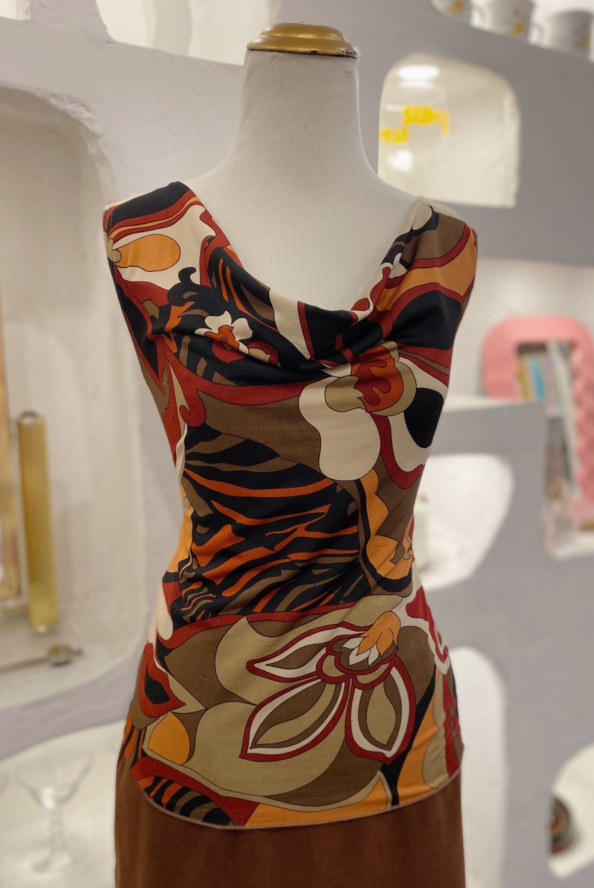Abstract Floral Y2K Cowl Neck Top