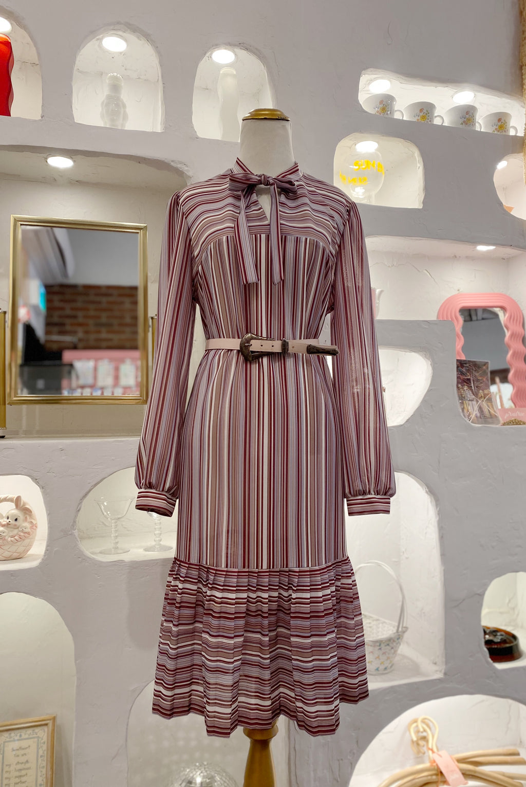 Retro Striped Dress with Pleated Hem