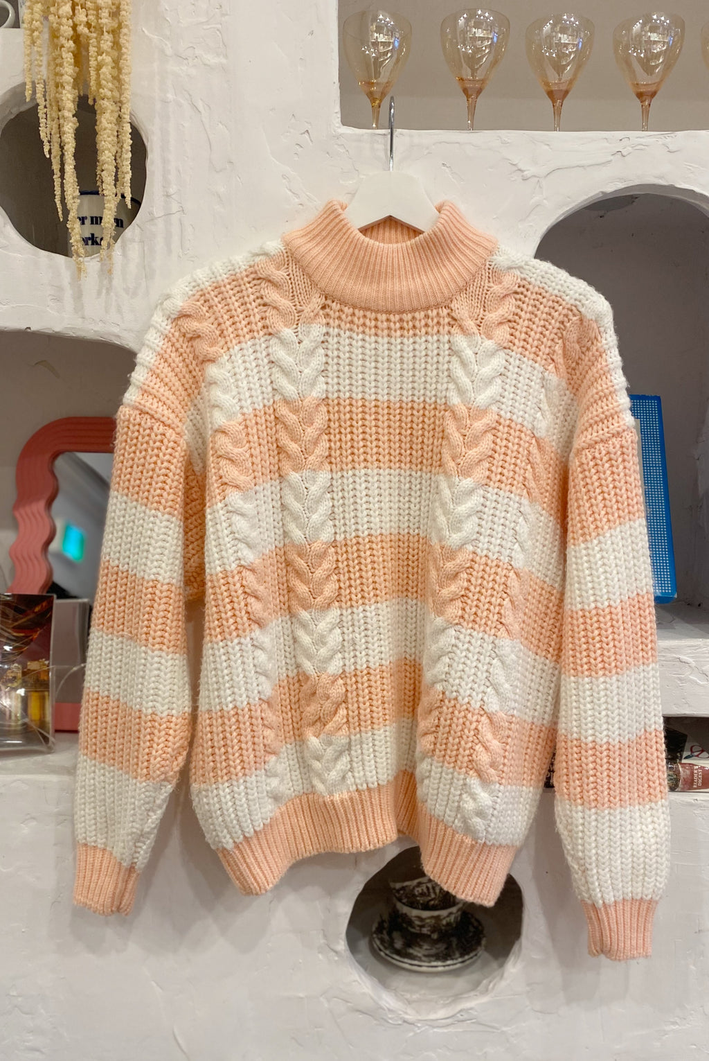 Chunky Peach & White Striped Sweater