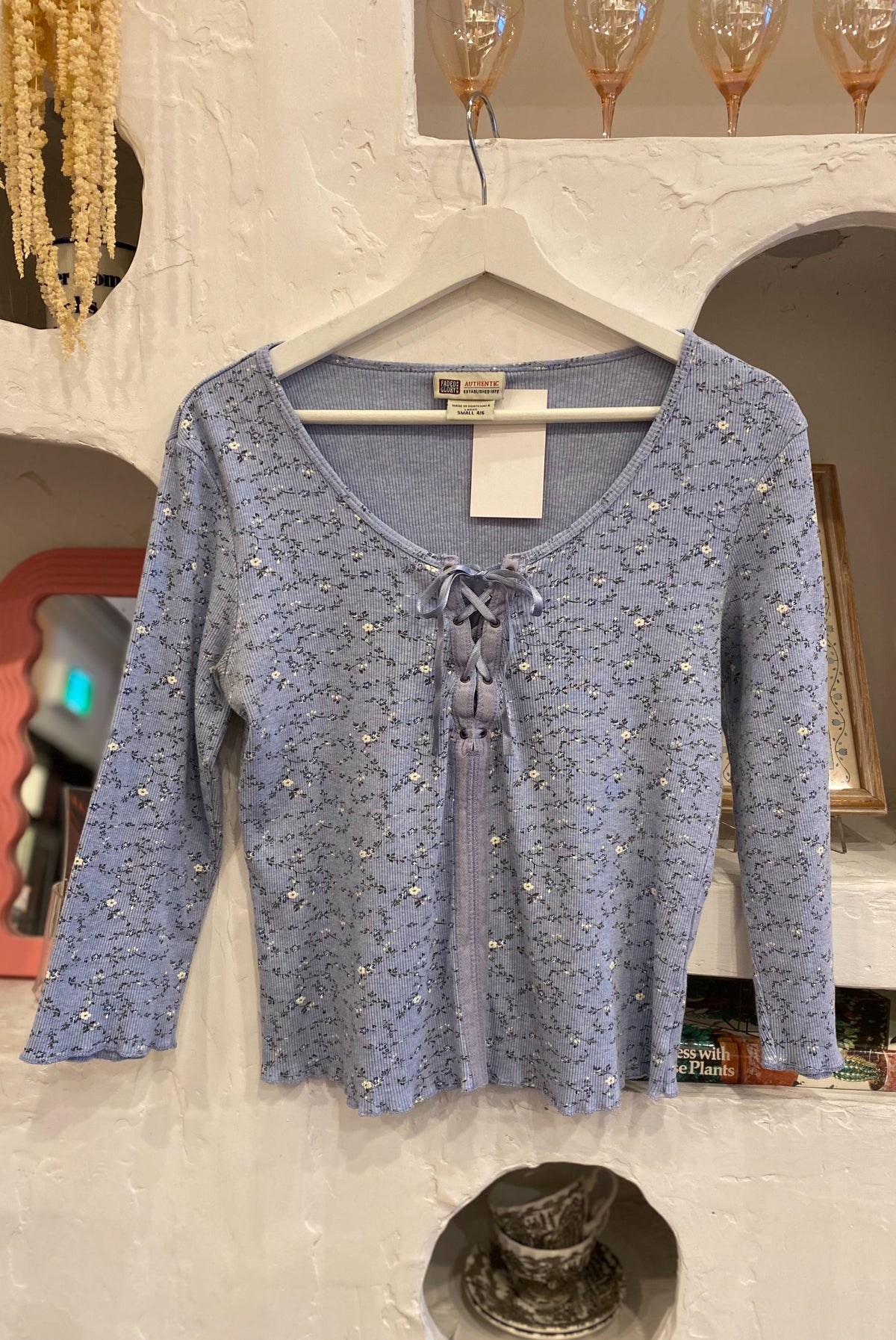 Y2K Floral Ribbed Lace Up Shirt