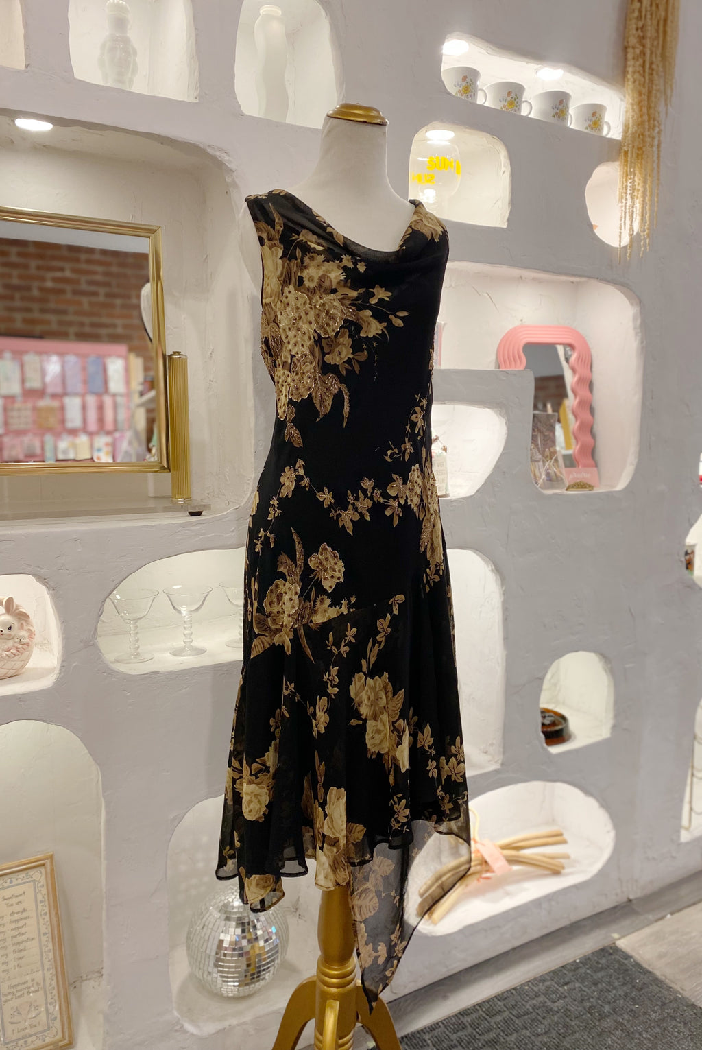 Beaded Floral Mesh Dress with Asymmetrical Hem