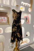 Beaded Floral Mesh Dress with Asymmetrical Hem