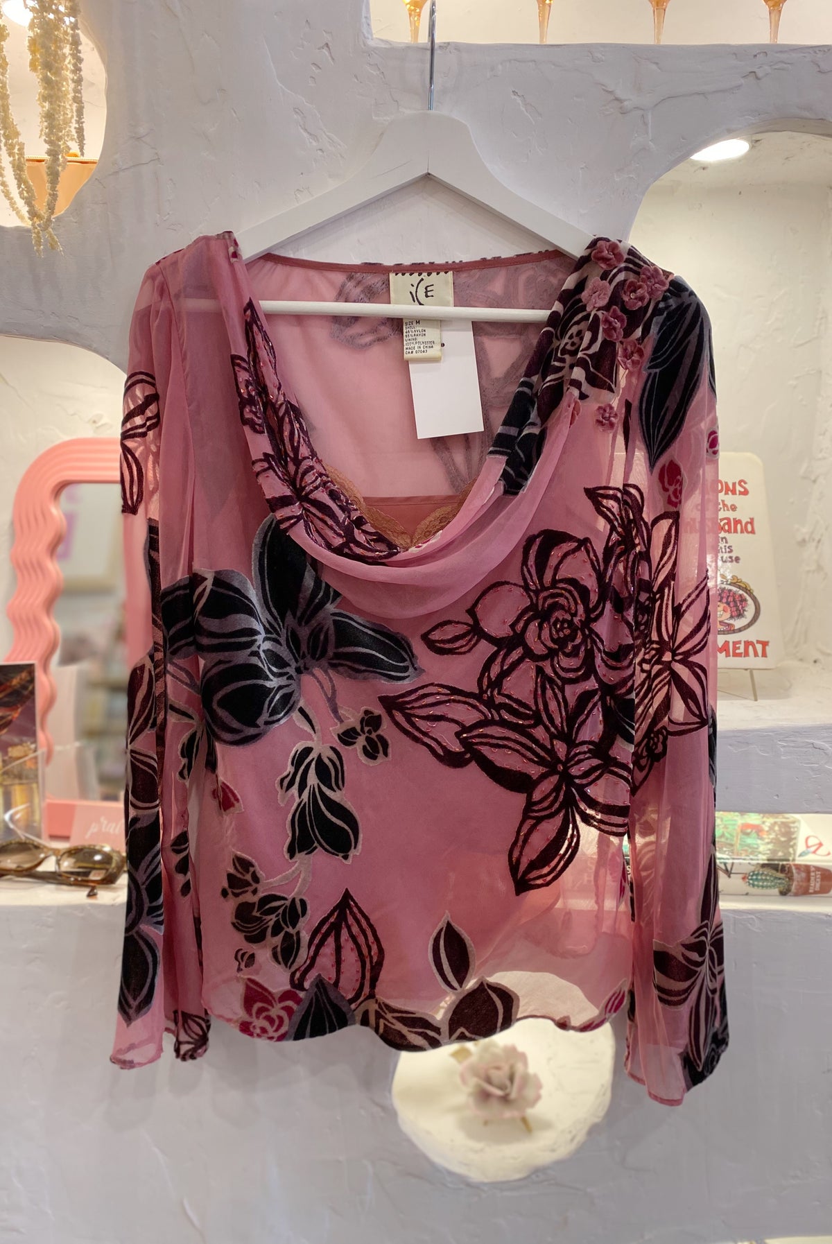 Y2K Mesh & Velvet Floral Blouse
