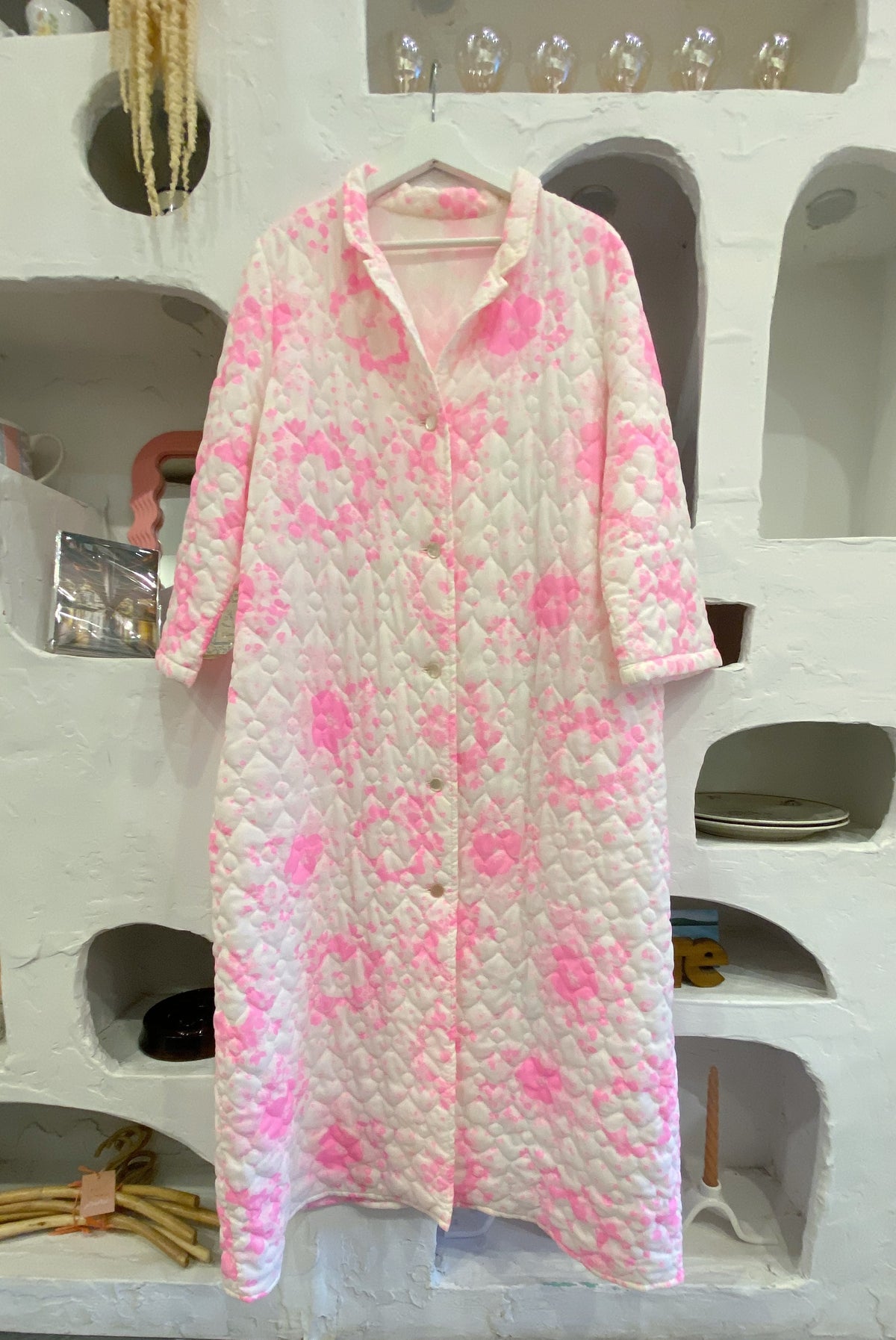 White & Pink Floral Quilted Robe