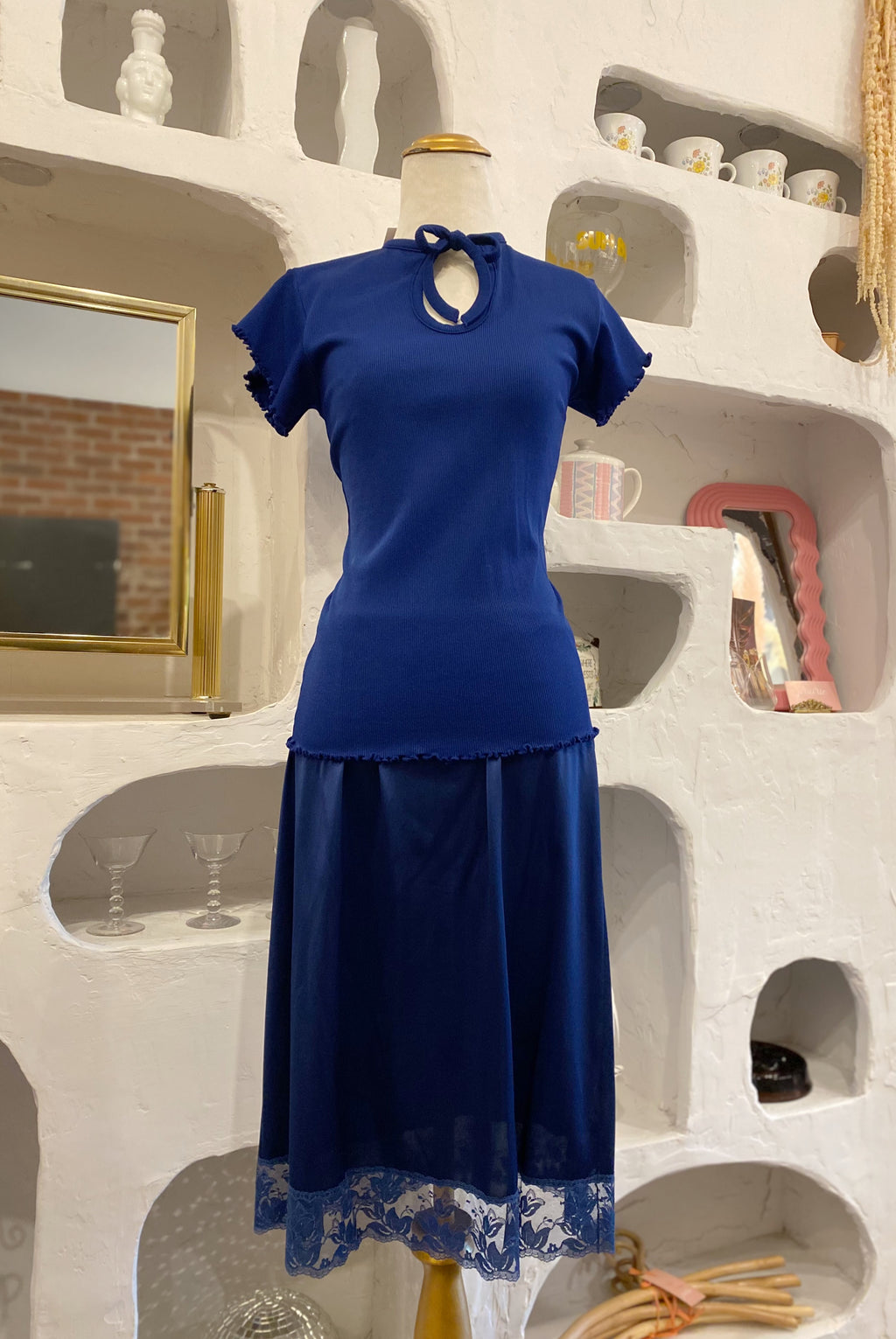 Ribbed Navy Tee with Keyhole Neckline