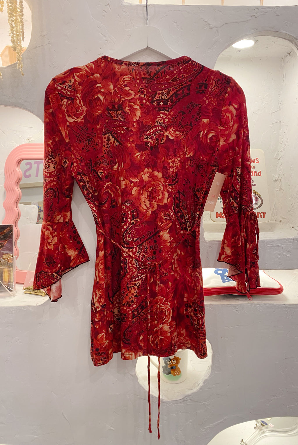 Y2K Red Floral Top with Trumpet Sleeves