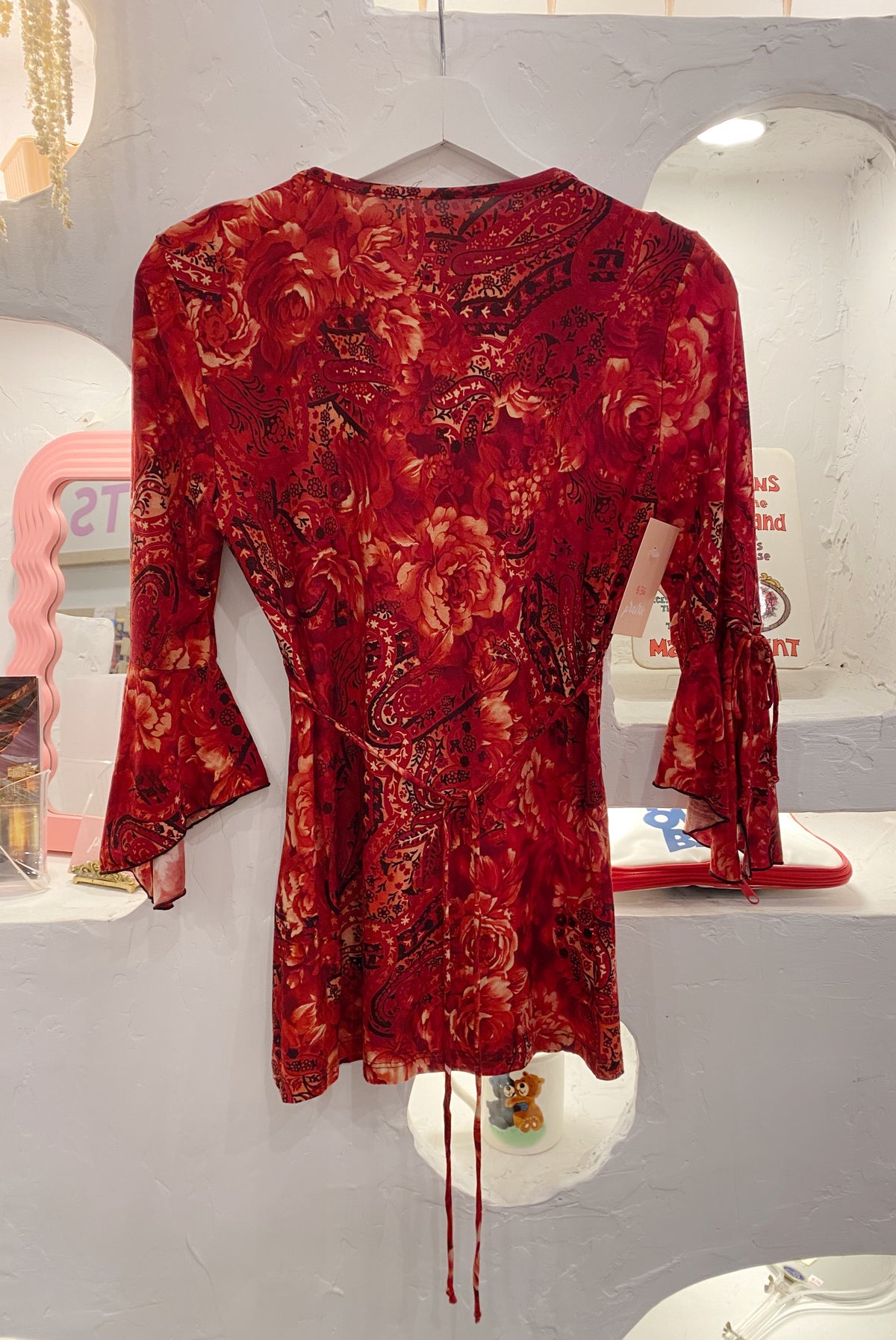Y2K Red Floral Top with Trumpet Sleeves