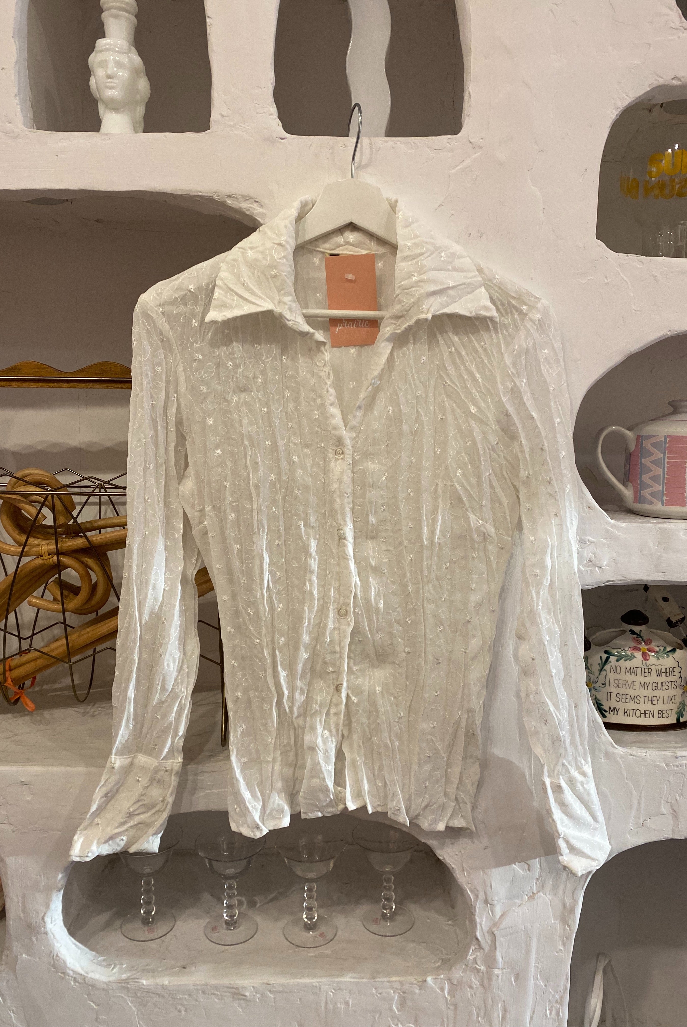 White Sheer Crinkled Eyelet Button-Up Blouse