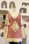 Hand Knit Raspberry & Cream Sweater