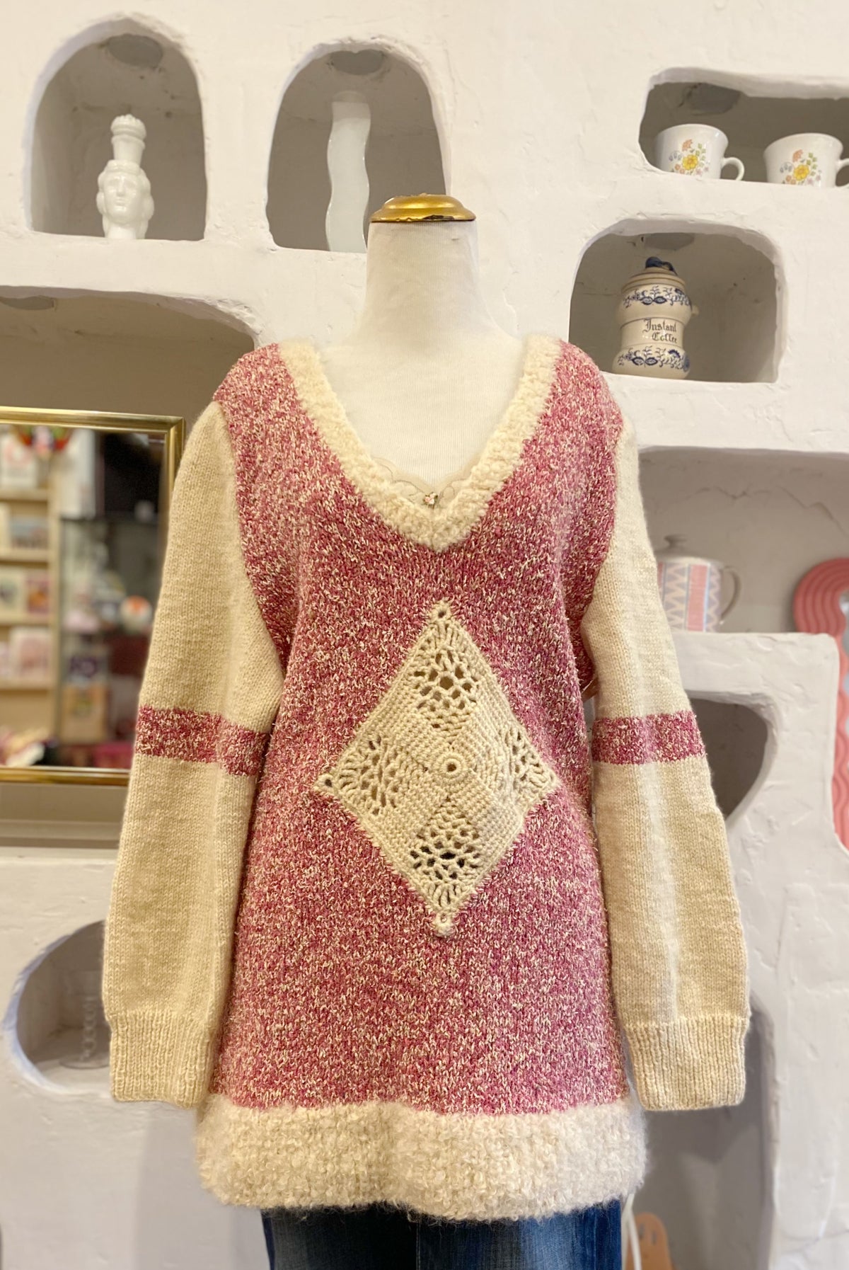 Hand Knit Raspberry & Cream Sweater