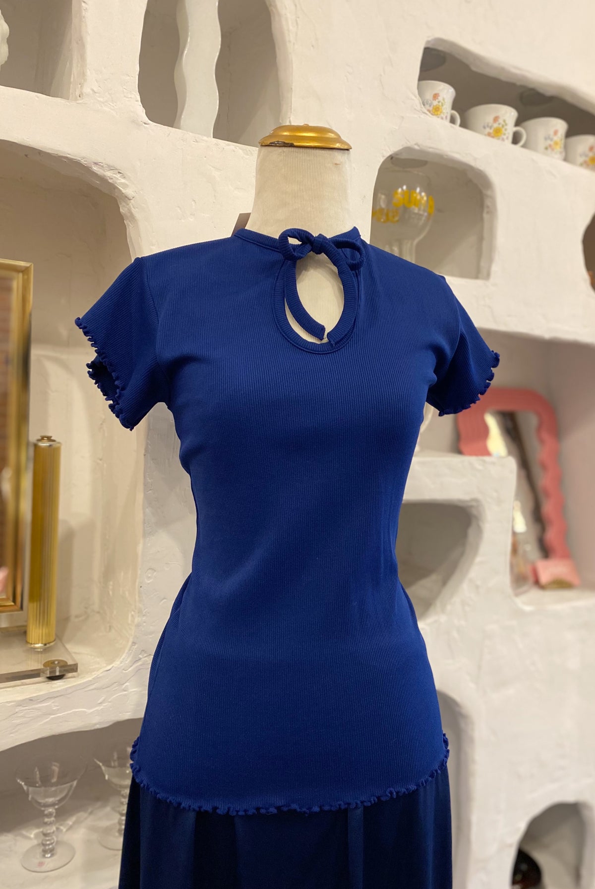 Ribbed Navy Tee with Keyhole Neckline