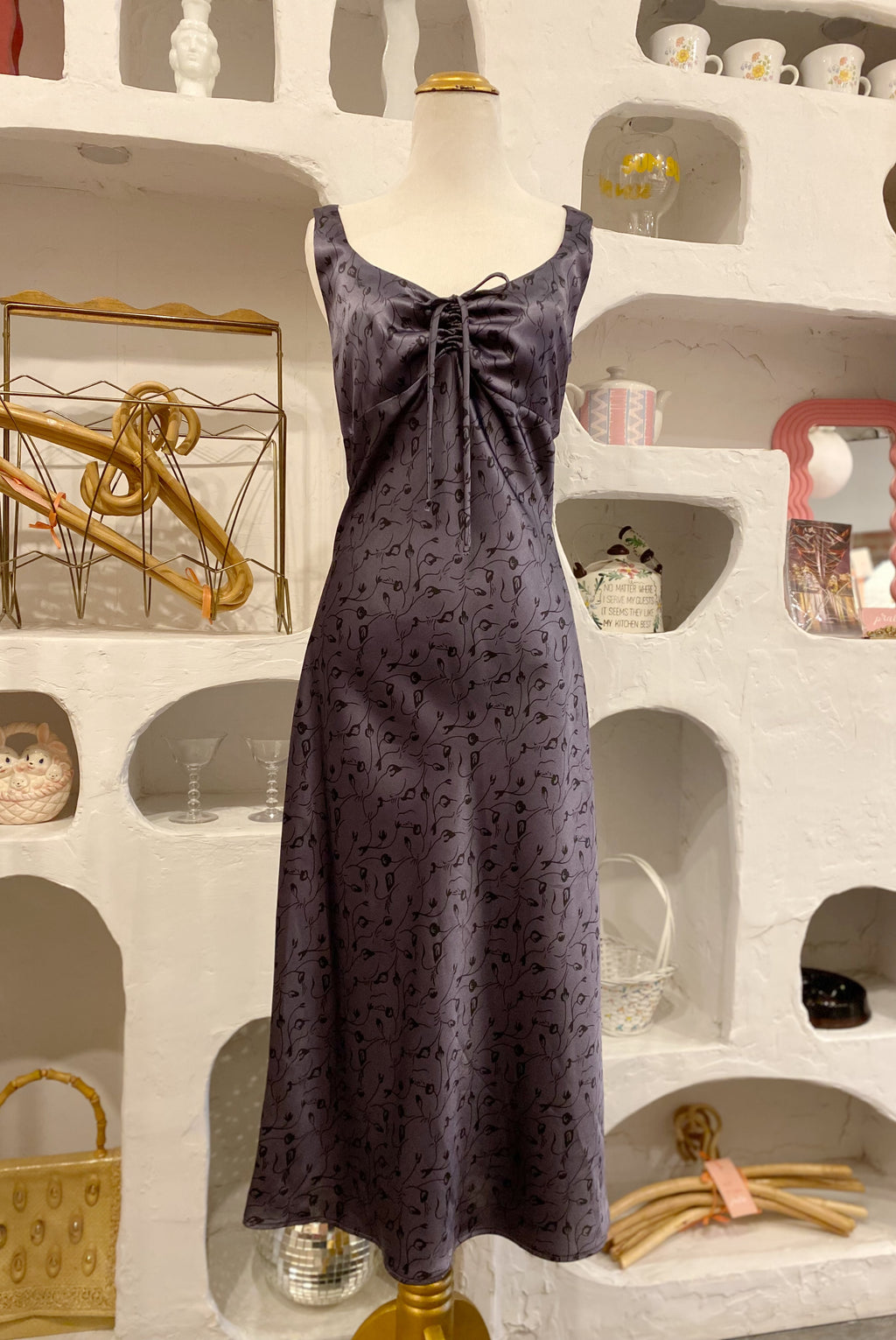 Gray Floral Satin Midi Dress