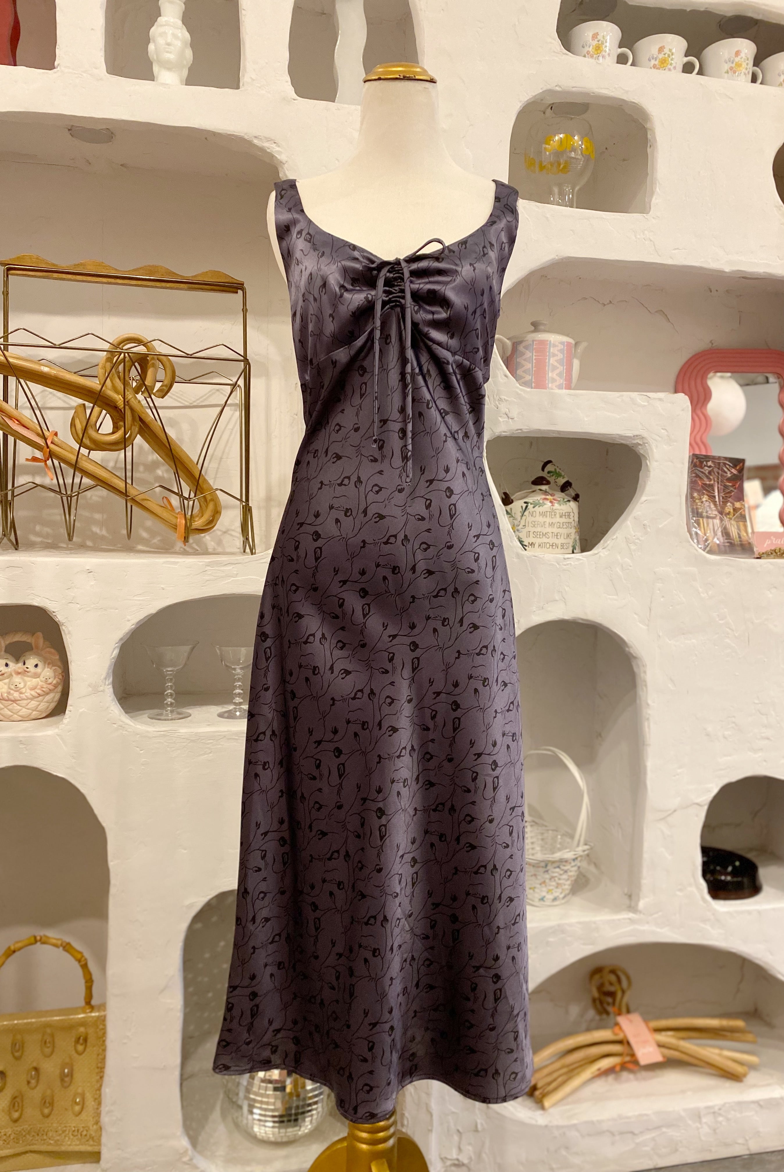 Gray Floral Satin Midi Dress