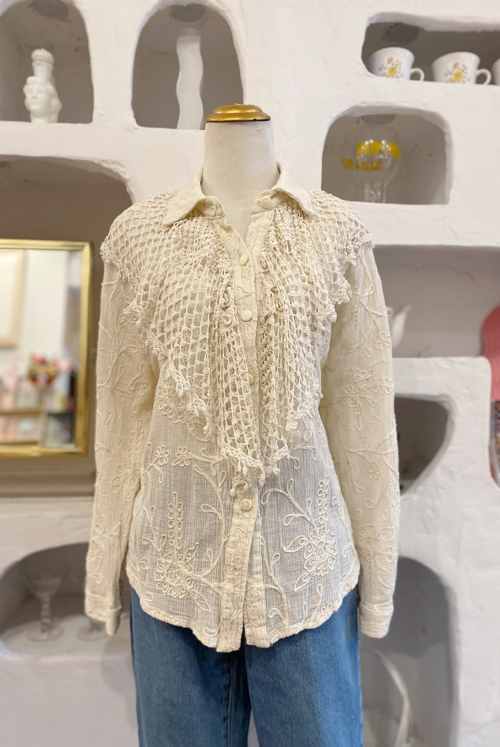 Victorian Revival Embroidered Cotton Button Up