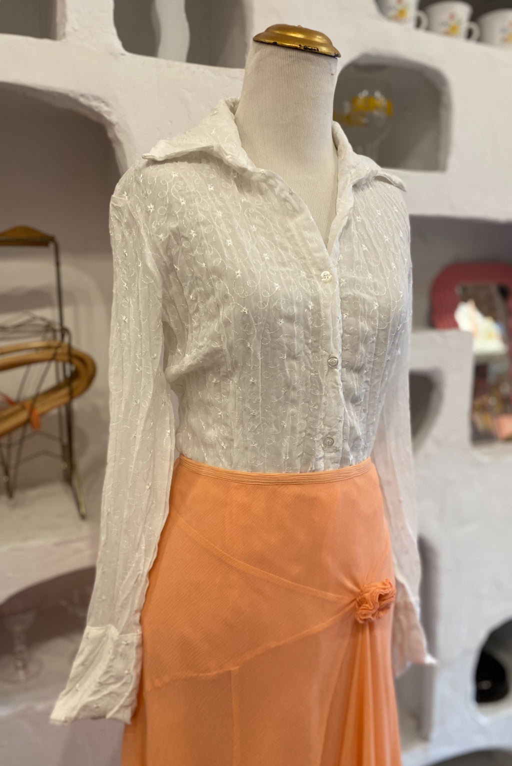 White Sheer Crinkled Eyelet Button-Up Blouse