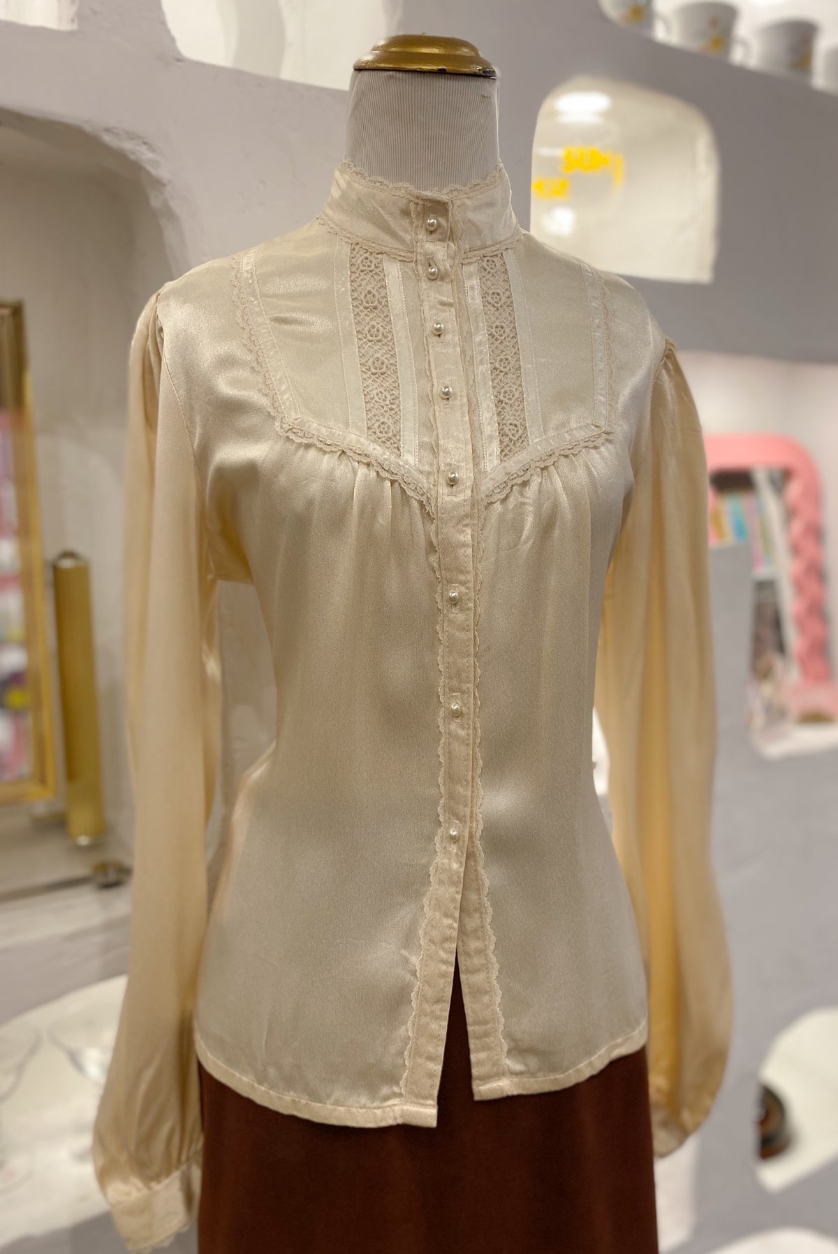70s Cream Satin Prairie Blouse