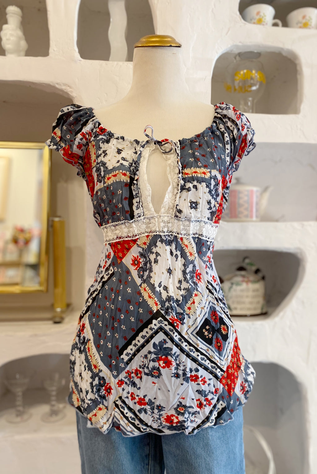 Y2K Mesh Patchwork Milkmaid Top