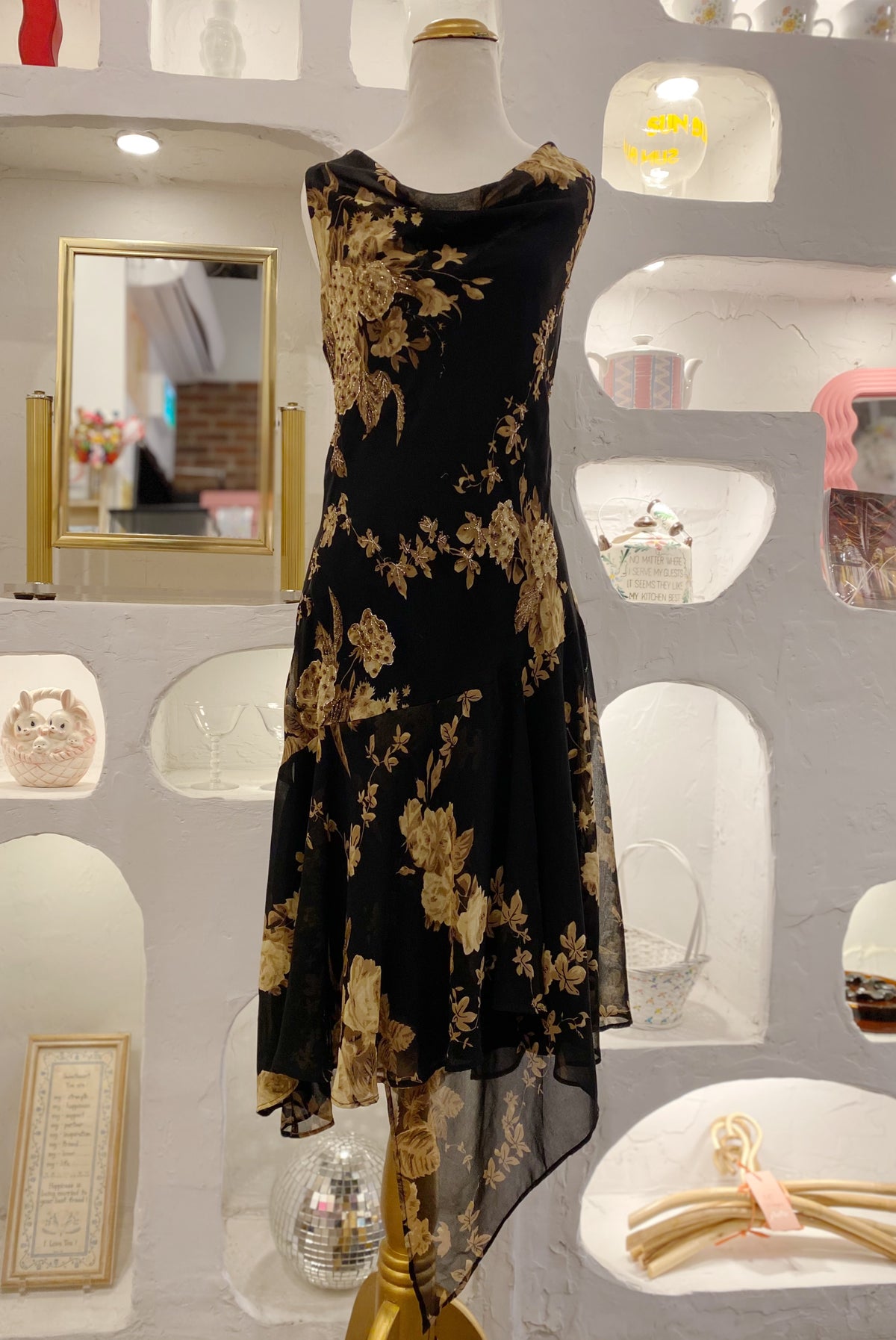 Beaded Floral Mesh Dress with Asymmetrical Hem