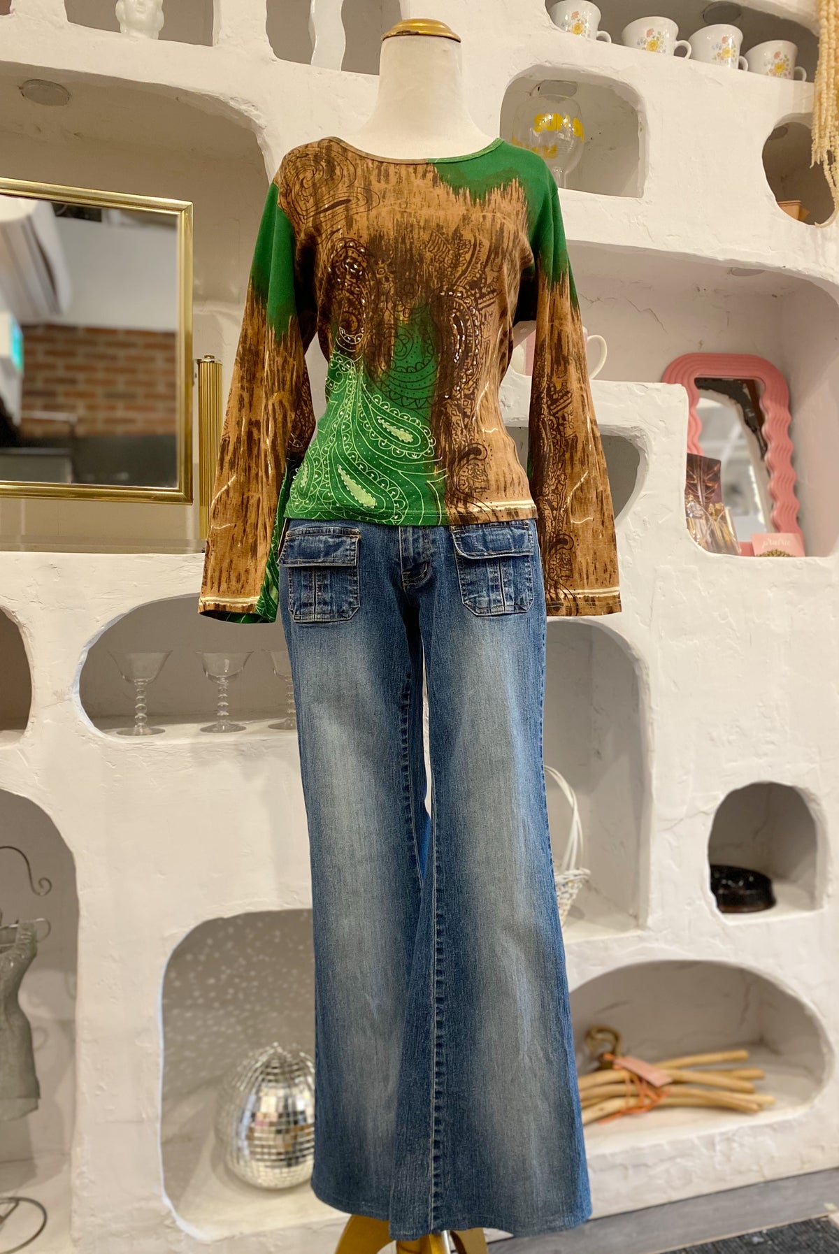 Green & Brown Paisley Beaded Shirt