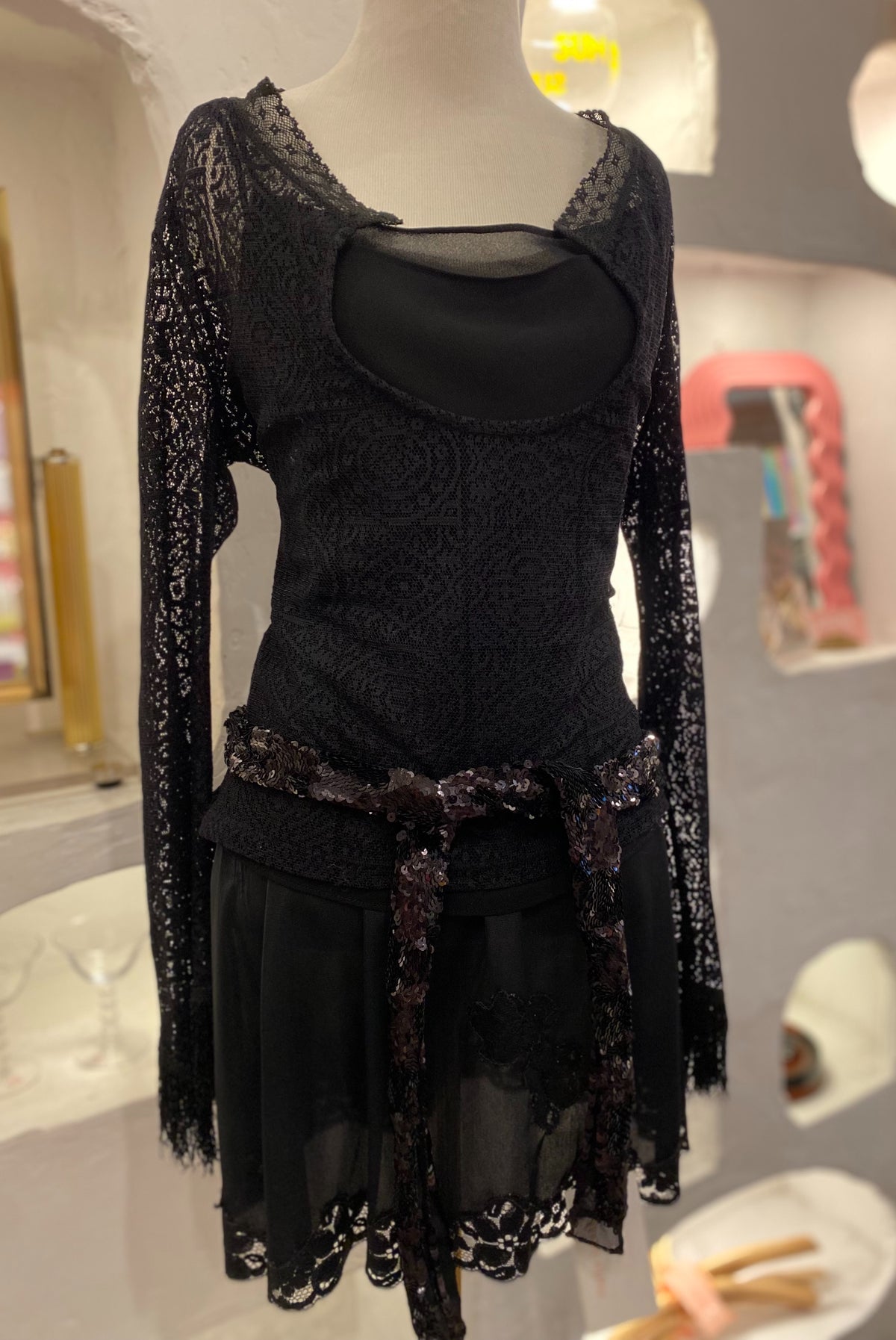 Black Lace Top with Fringe Sleeves
