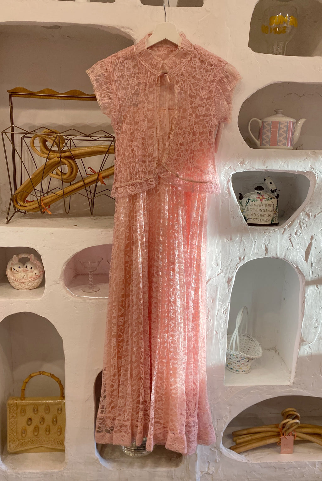 70s Pink Lace Maxi Dress + Cropped Jacket Set