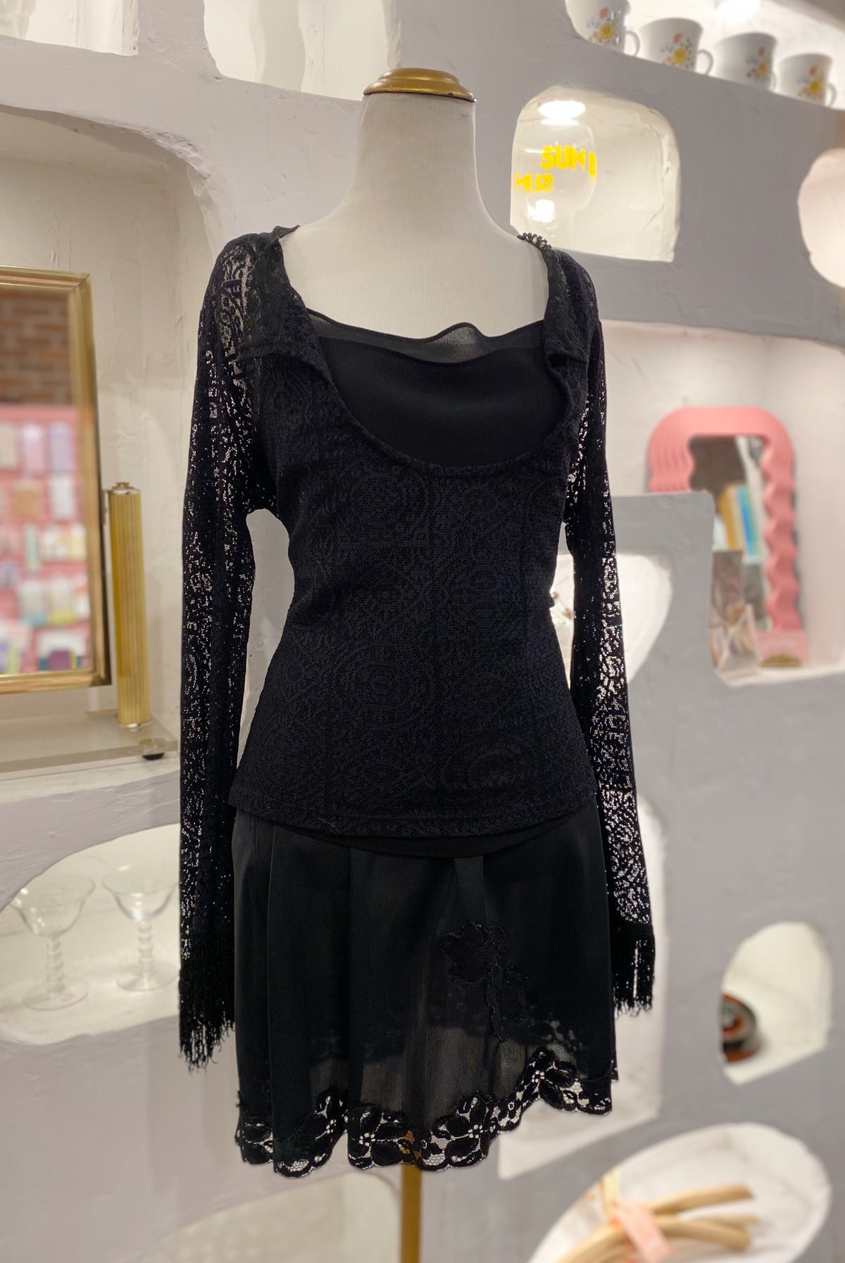 Black Lace Top with Fringe Sleeves