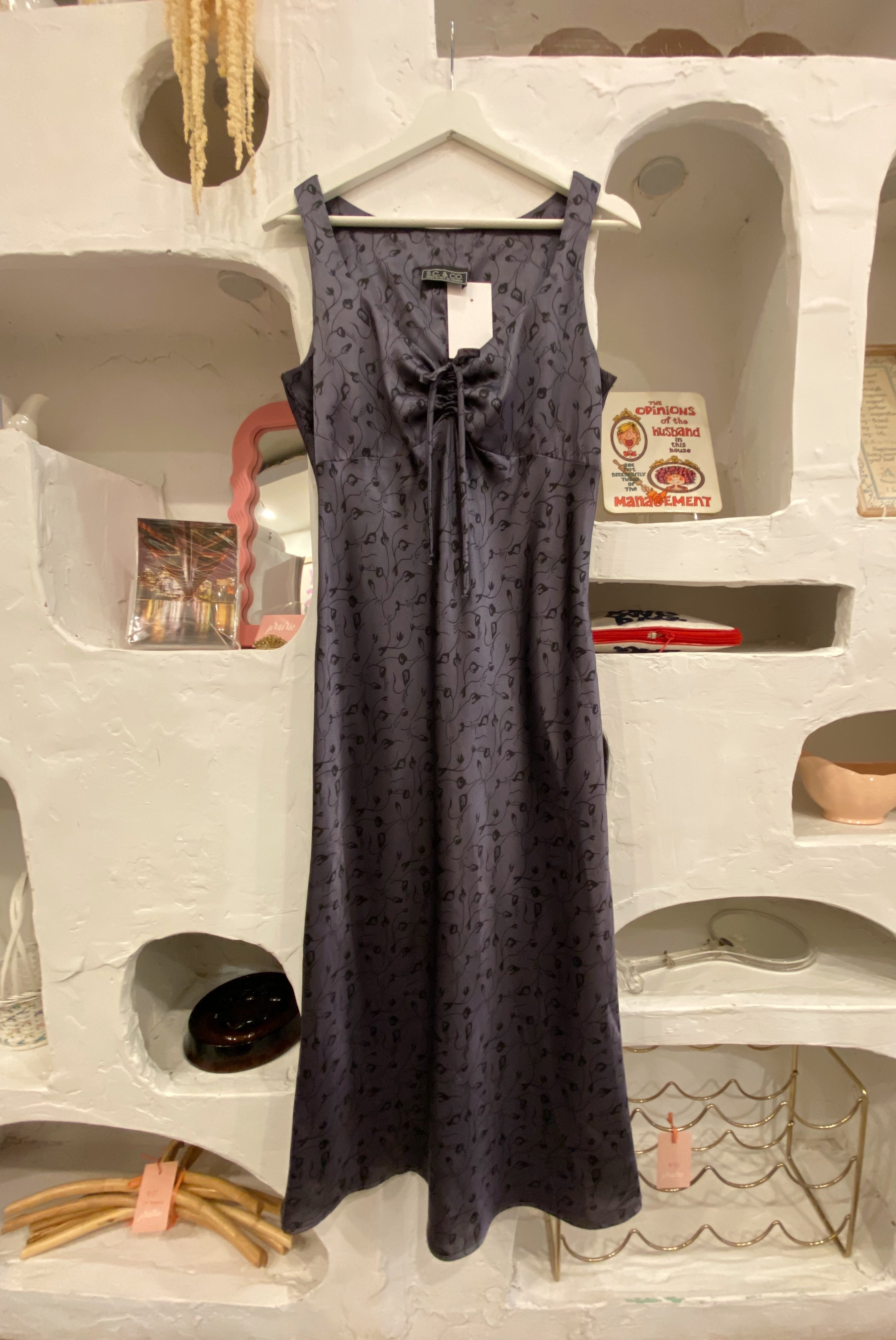Gray Floral Satin Midi Dress