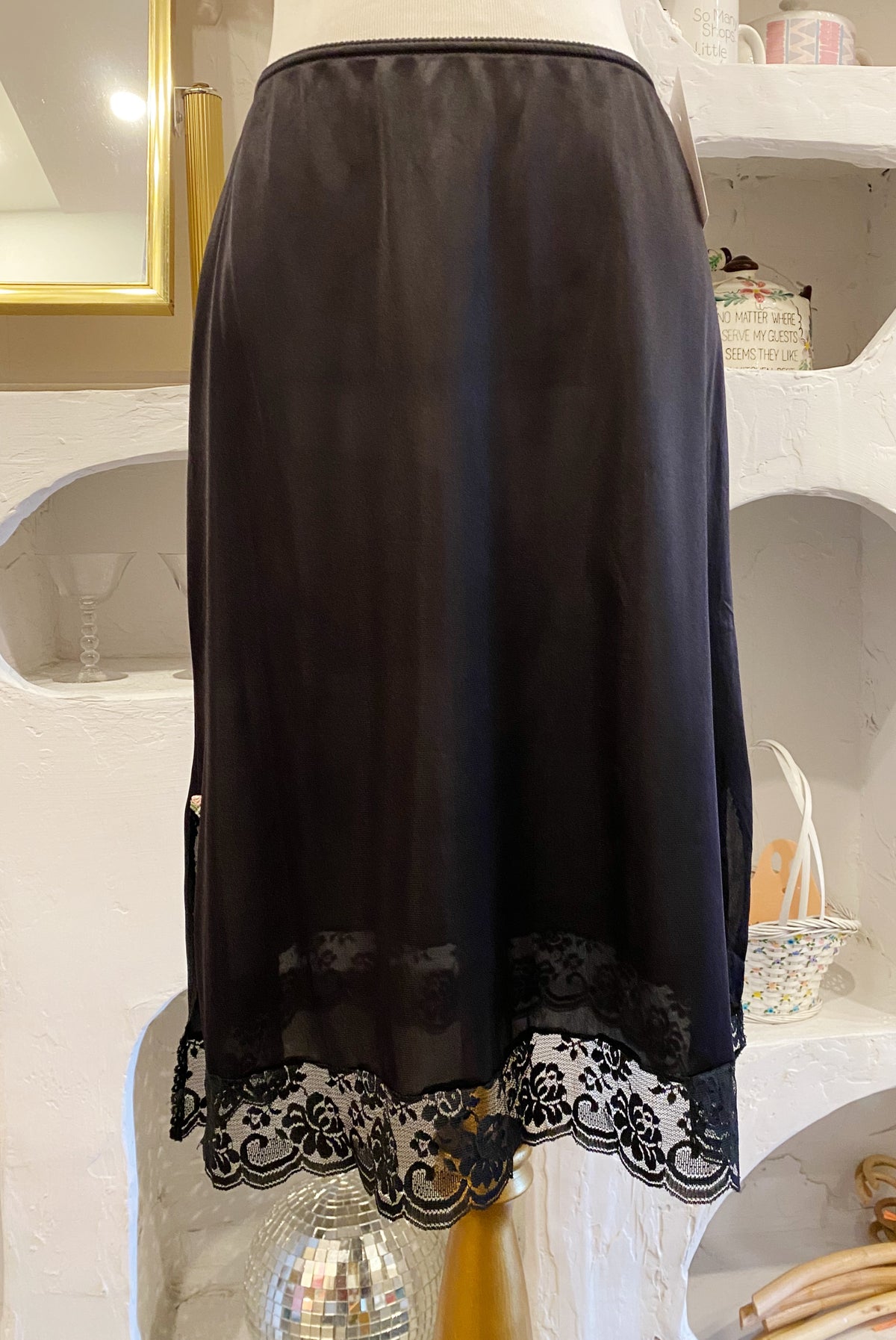 Black Slip Skirt with Rosebud Accents