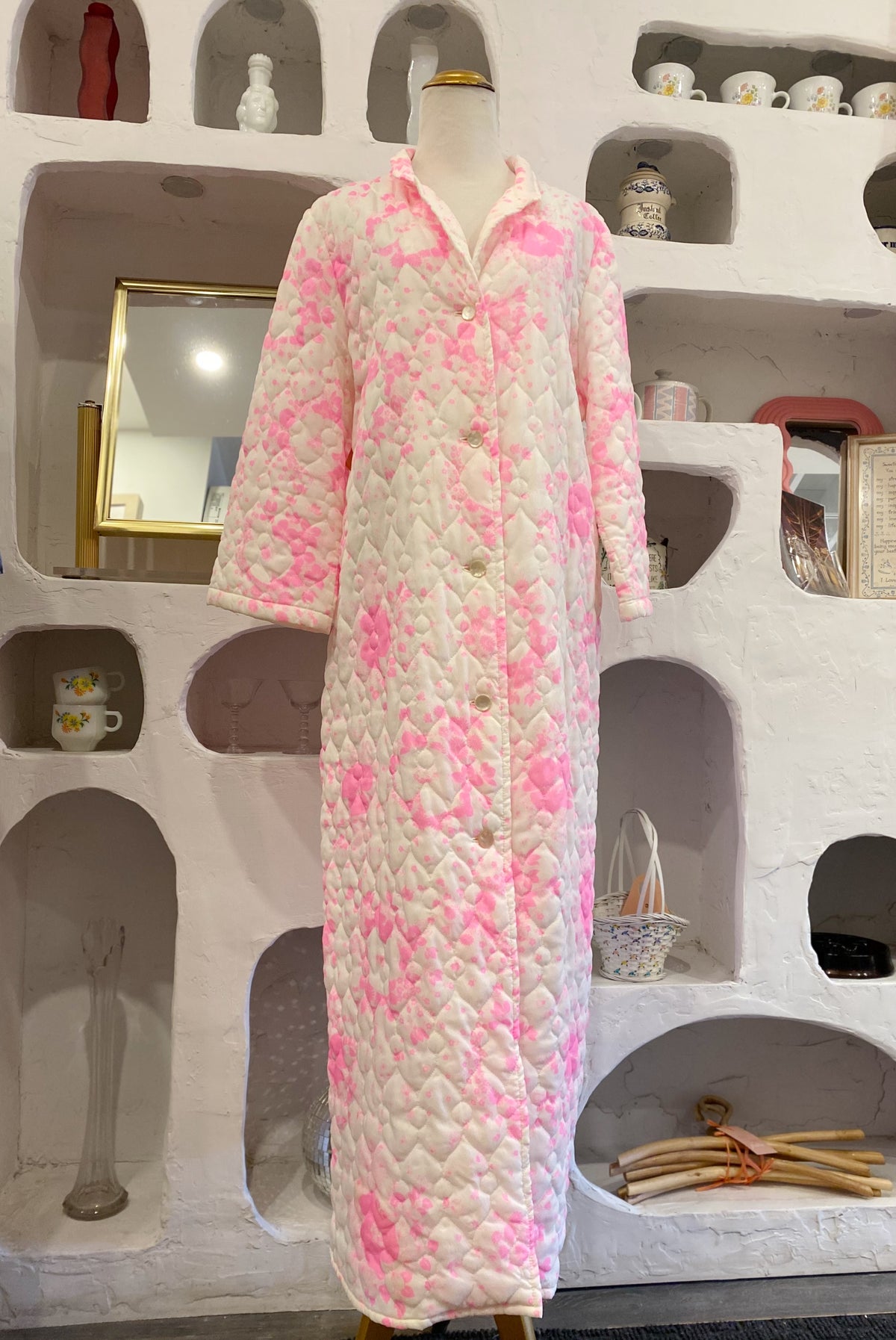 White & Pink Floral Quilted Robe