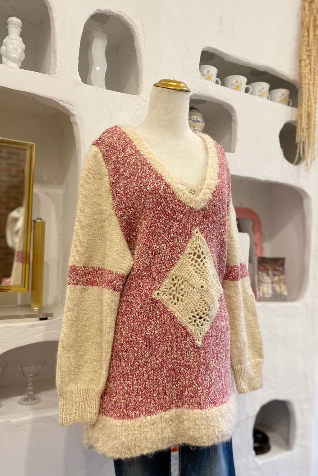 Hand Knit Raspberry & Cream Sweater
