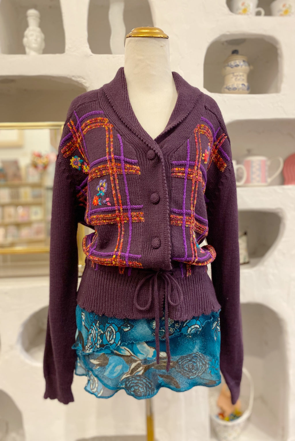 Floral Embroidered Grid Cardigan